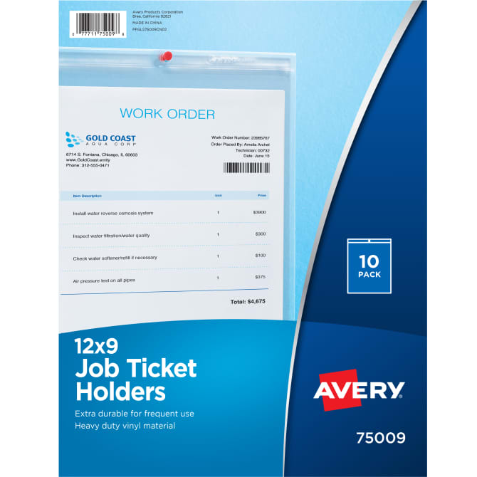 Avery 12" x 9" Job Ticket Holders,Crystal Clear Front Heavy Gauge Pack of 10 