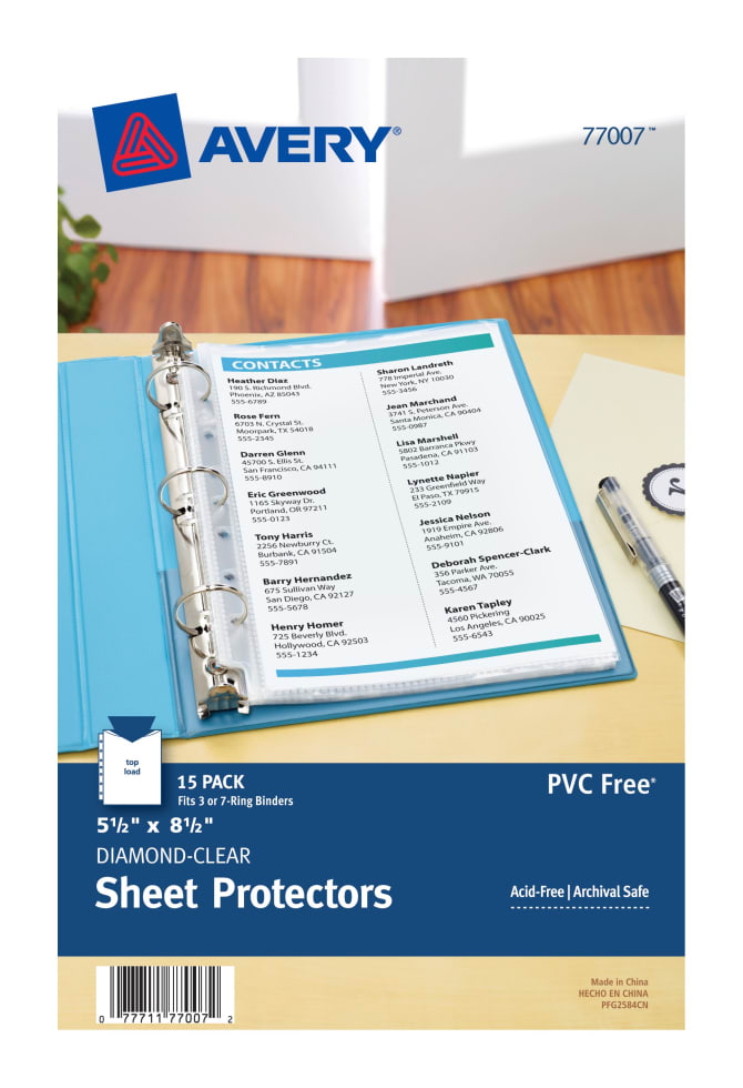 Clear 77007 Avery Diamond-Clear Sheet Protectors 15/Pack 5 1/2 x 8 1/2 