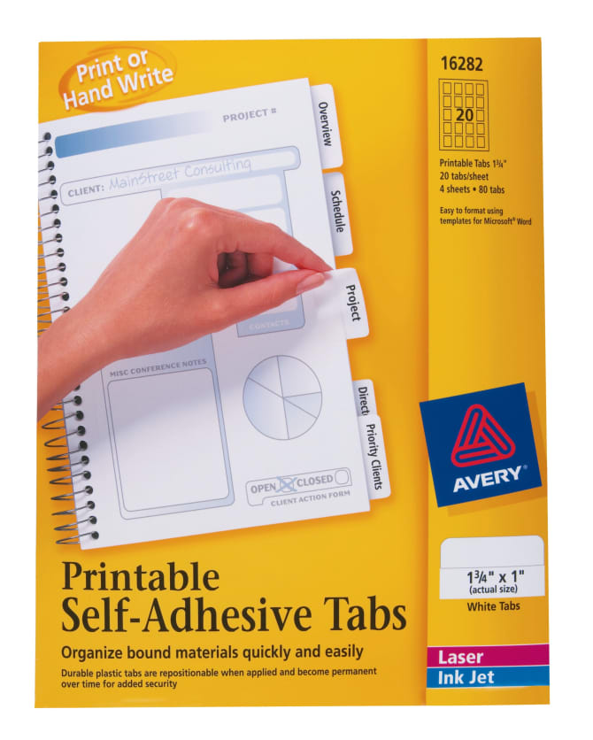 Avery® Printable Tabs, Plastic, Self-Adhesive, Repositionable, 1-3/4