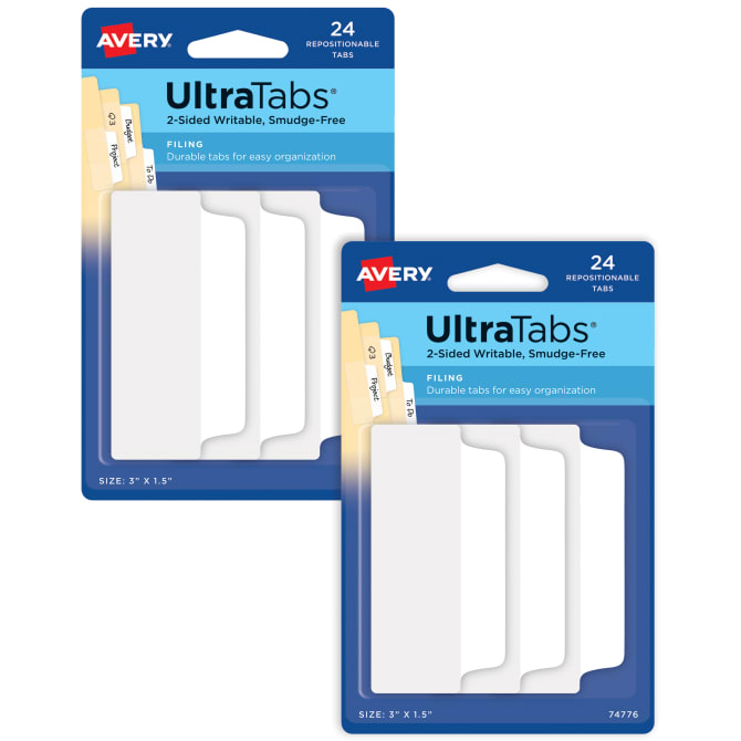 2-Side Writable - New 3 x 1.5 24 Repositionable Filing Tabs Avery Ultra Tabs White 74776 