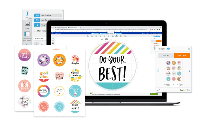 Computer showcasing round planner stickers being designed in Avery Design & Print Online alongside sheets of printed planner stickers