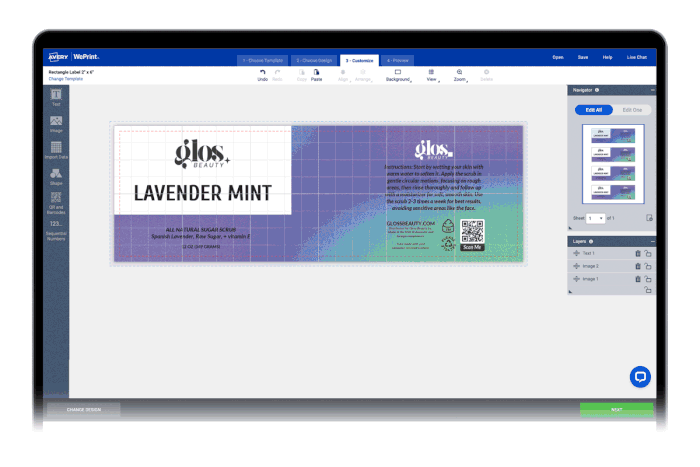 Computer showcasing round planner stickers being designed in Avery Design & Print Online alongside sheets of printed planner stickers