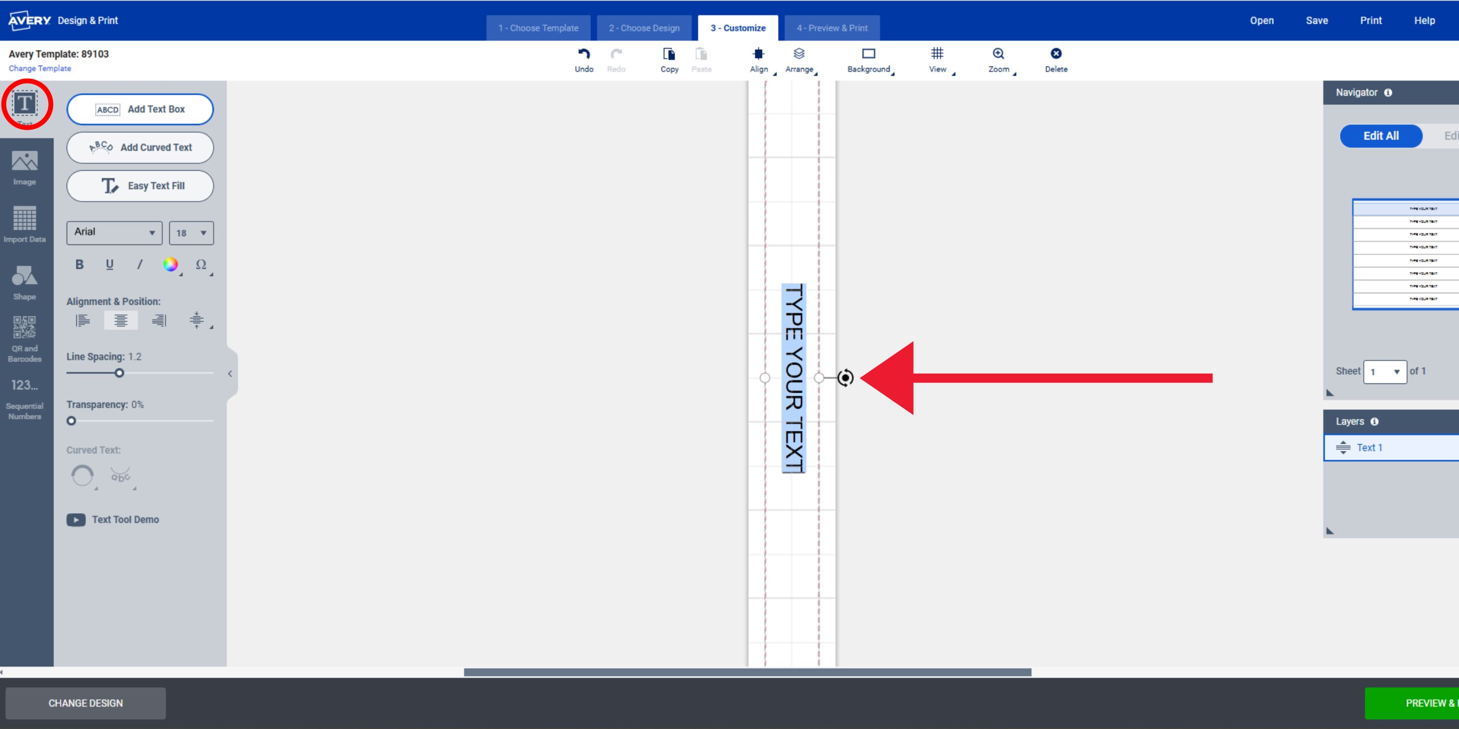 Screenshot of the Avery Design & Print Online interface showing a spine insert template with editable text reading 'TYPE YOUR TEXT.' A red arrow points to the rotation handle for adjusting text orientation so that you can rotate the text box for adding vertical text to a binder spine. The left panel displays text formatting options, and the right panel includes a navigator with template details. The green 'Preview & Print' button is visible at the bottom.