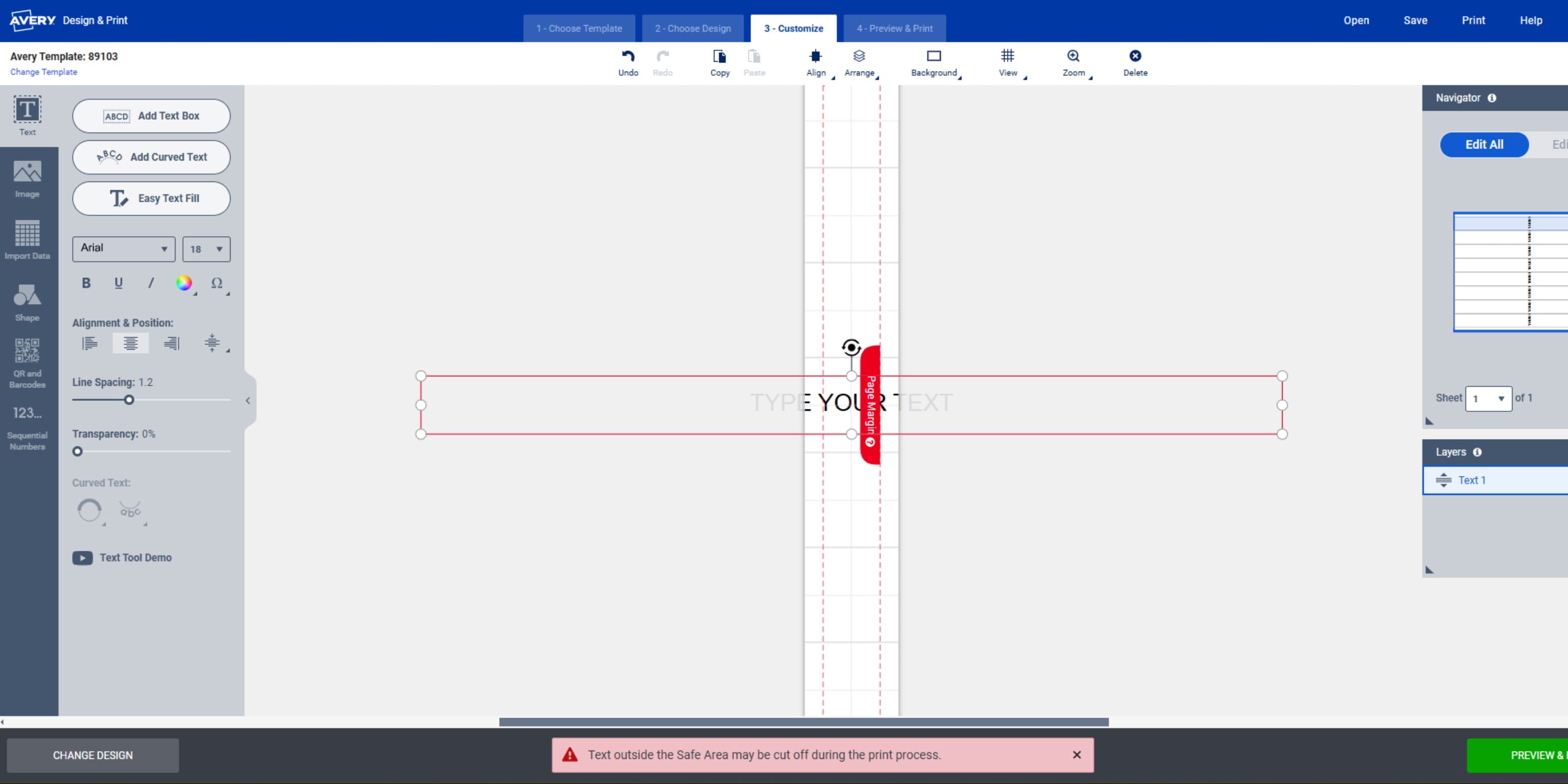 Screenshot of the Avery Design & Print Online interface displaying a spine insert template with editable text reading 'TYPE YOUR TEXT.' A red bounding box indicates that the text extends beyond the safe area, and a warning message at the bottom states, 'Text outside the Safe Area may be cut off during the print process.' The left panel includes text formatting options, while the right panel shows the navigator and layers. The warning will not matter once you start typing each letter with a space afterwards so that your text is vertical on the binder spine template.