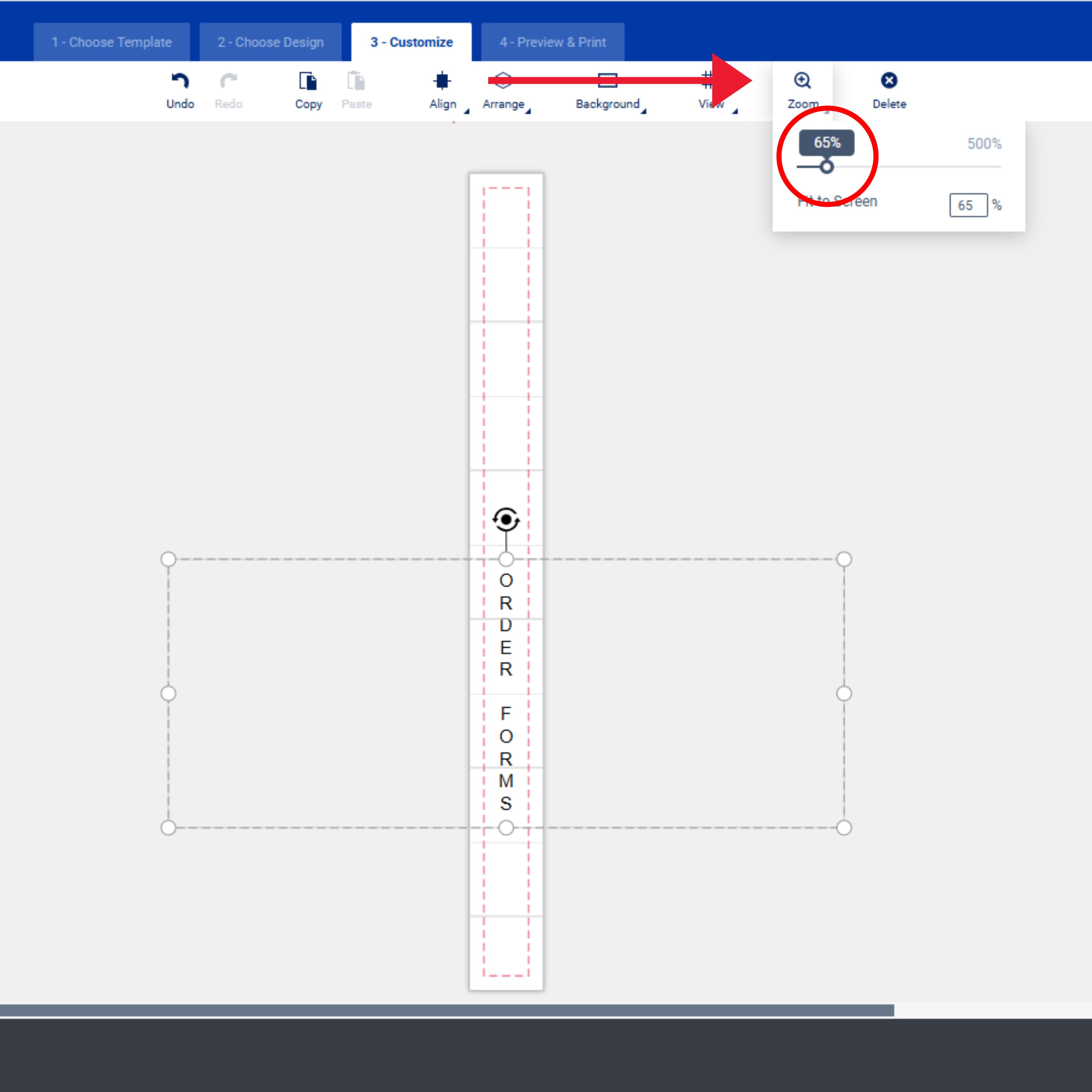 Screenshot of the Avery Design & Print Online interface showing a spine insert template with the text 'ORDER FORMS' aligned vertically. A red arrow points to the zoom dropdown menu, which is set to 80% and highlighted with a red circle. The navigation bar at the top includes options such as 'Align' and 'Background. Setting the zoom so that you can see the whole template is important for aligning vertical text on a binder spine.