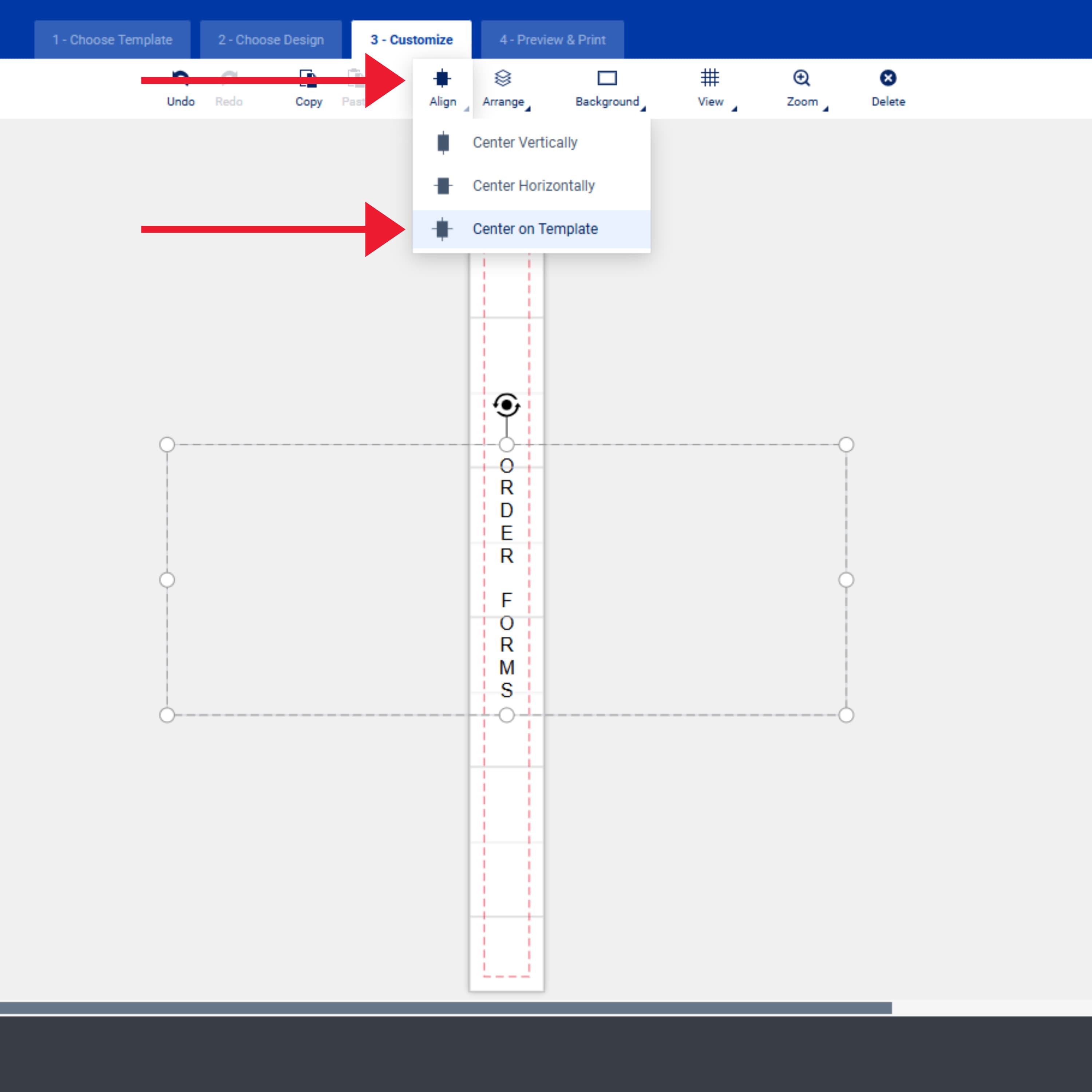 Screenshot of the Avery Design & Print Online interface displaying a spine insert template with the text 'ORDER FORMS' aligned vertically. A red arrow points to the 'Arrange' dropdown menu at the top, which is expanded to show options such as 'Center Vertically,' 'Center Horizontally,' and 'Center on Template.' Another red arrow highlights the text alignment on the template. This is how you center vertical text on a binder spine.