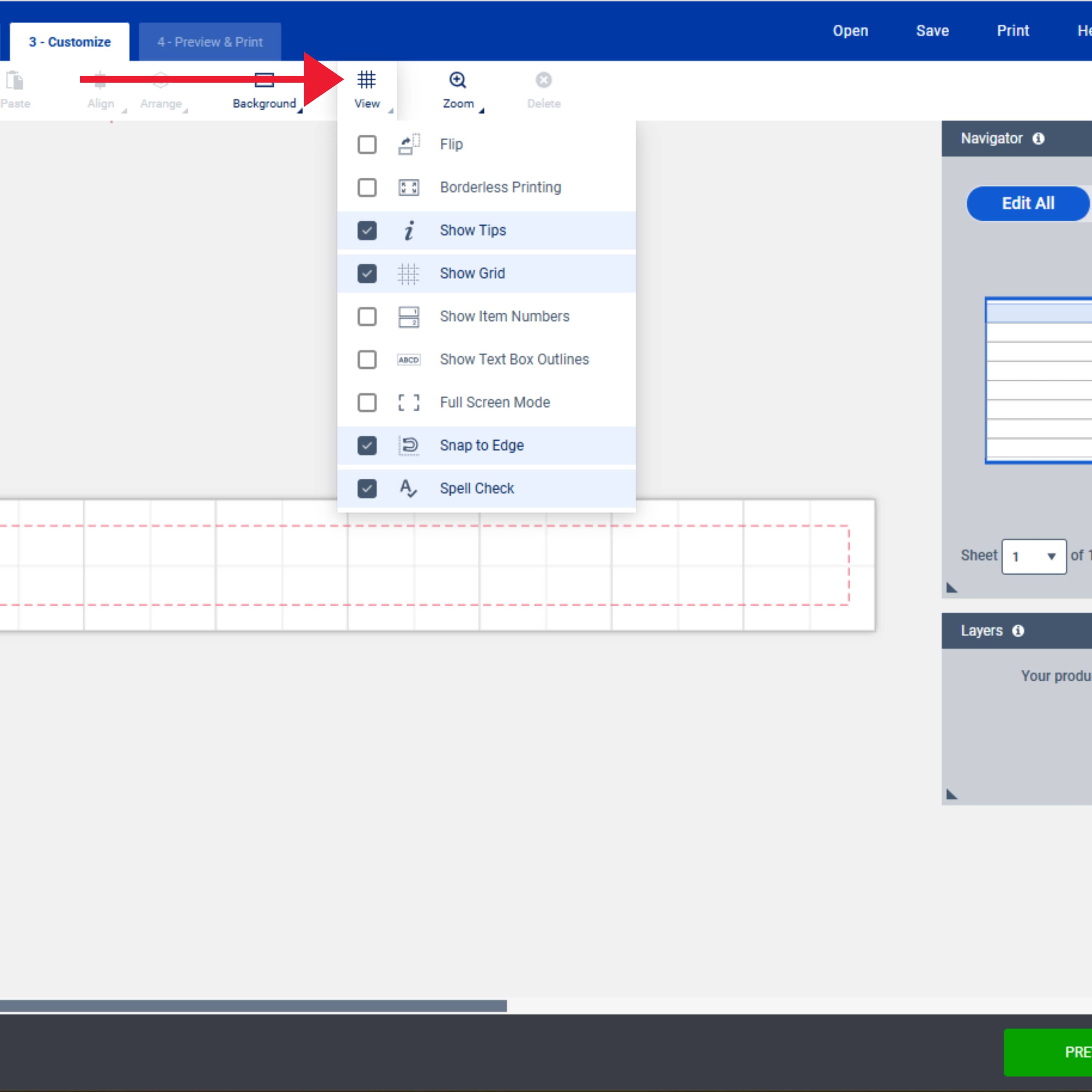 Screenshot of the Avery Design & Print Online interface in the 'Customize' tab. A dropdown menu is open under the 'View' icon, showing options such as 'Show Grid,' 'Snap to Edge,' and 'Spell Check.' A red arrow highlights the 'Preview & Print' button at the top. The right panel displays a spine insert template preview. This is the first step to adding vertical text to a binder spine.