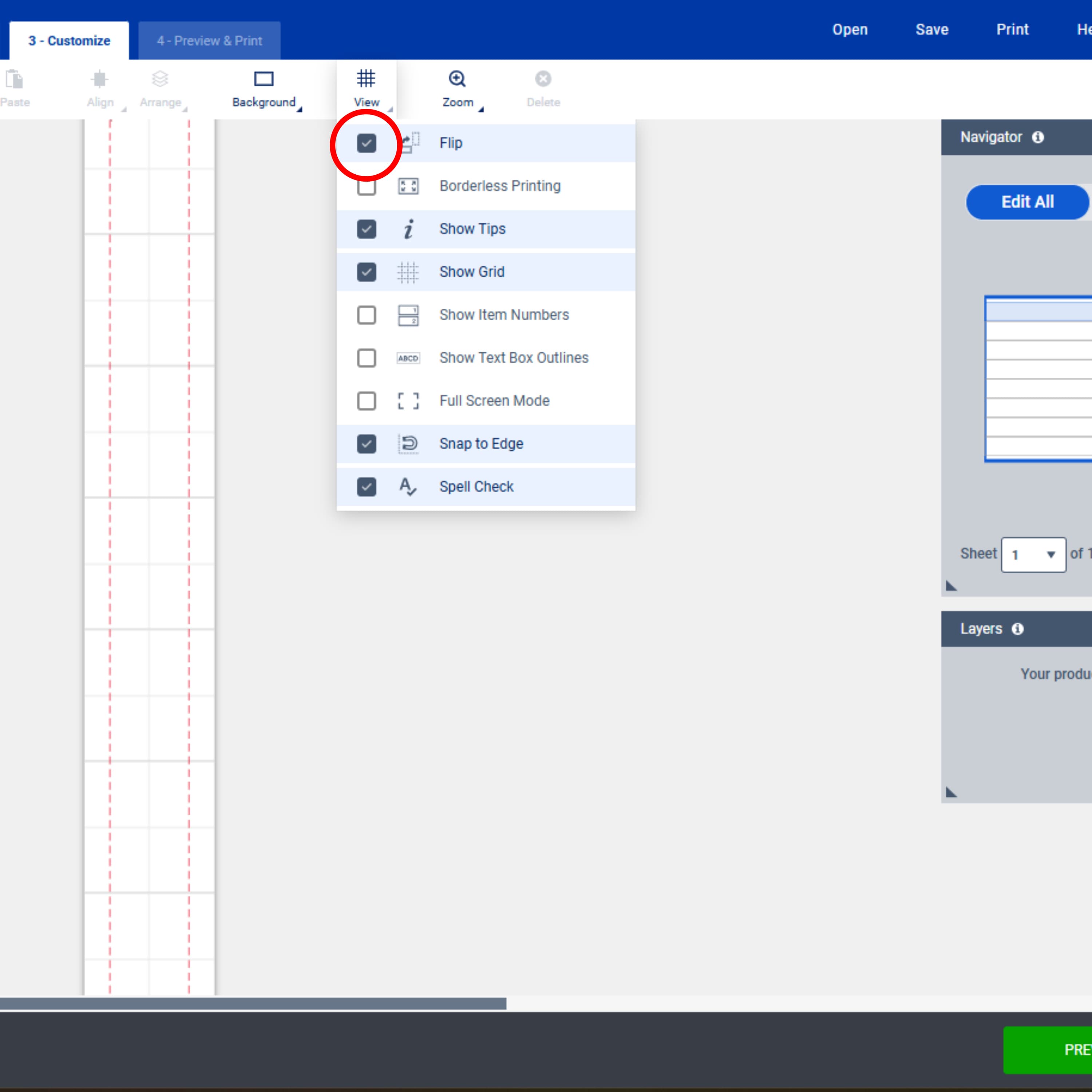 Screenshot of the Avery Design & Print Online interface in the 'Customize' tab. A dropdown menu under the 'View' icon is open, showing options such as 'Flip,' 'Show Grid,' and 'Snap to Edge.' A red circle highlights the 'Flip' option. The right panel displays a spine insert template preview, and the bottom bar features the green 'Preview & Print' button. Flipping the text box is essential to adding vertical text to a binder spine.