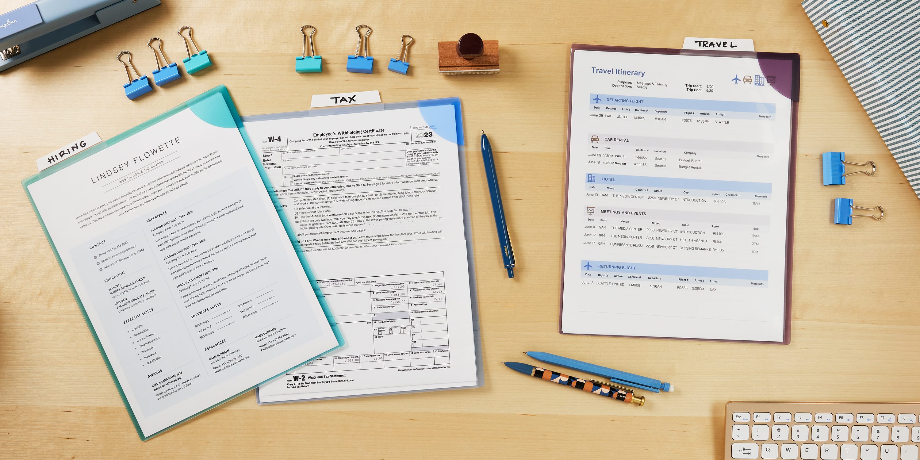 An example of a Senior Director's favorite office supplies for staying organized. The image shows three Avery Cornerlock document sleeves used to categorize documents for hiring, taxes, and travel. 