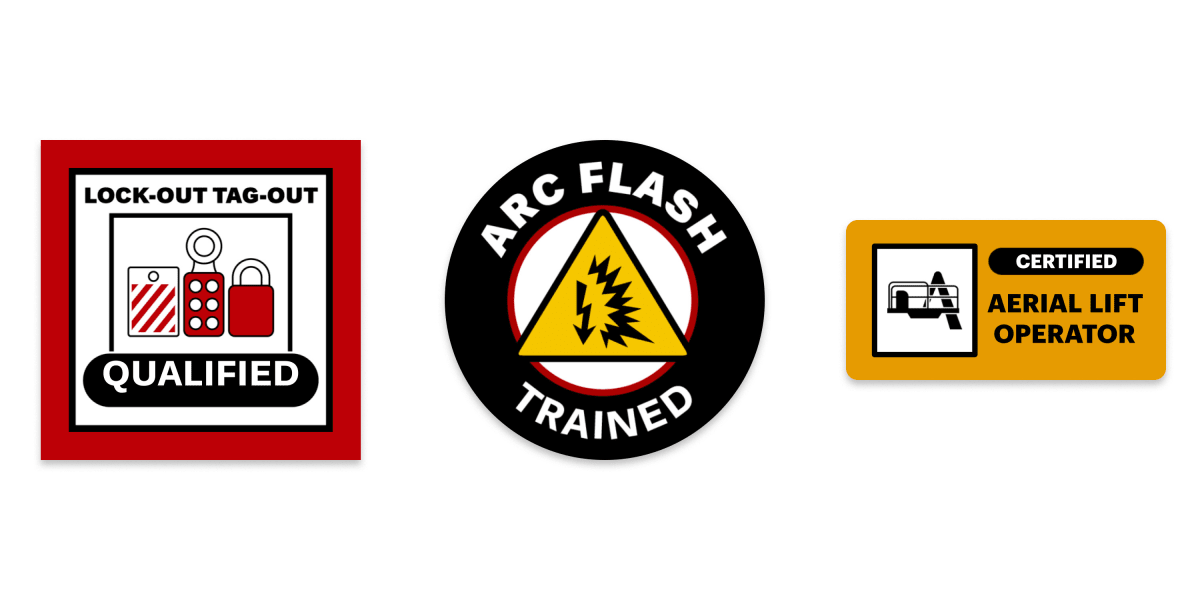 Examples of Avery templates for job training and certification hard hat stickers. A red square sticker for lockout tagout qualification. A round black and yellow sticker with the ANSI arc flash symbol. A rectangular yellow sticker for certified aerial lift operator.