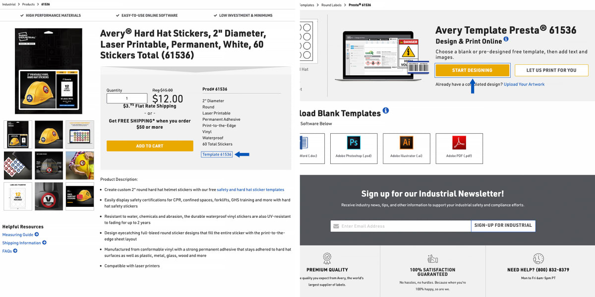 Screen shots from the Avery Industrial website that show how to find an Avery template when you are on the online product page. The first screen shot shows a blue arrow pointing to a template link that is located on the right side of the product page under the list of product features. The second screen shot shows a blue arrow pointing to a big yellow button that reads “start designing.”