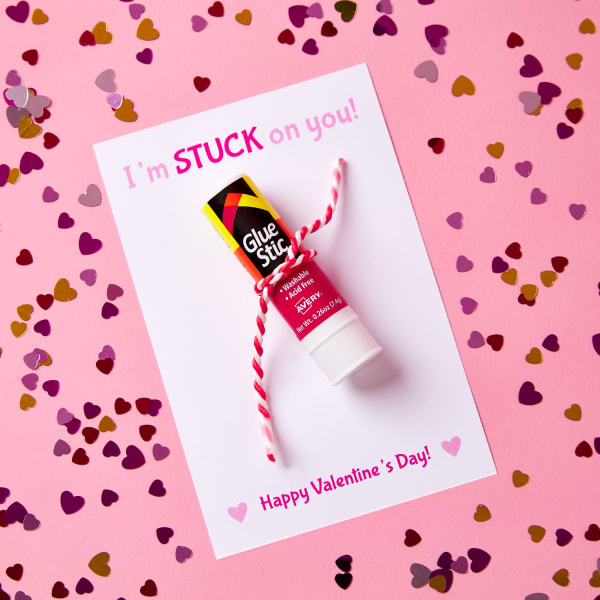 Avery Glue Stic fastened to thick card reading, I'm stuck on you - Happy Valentine's Day