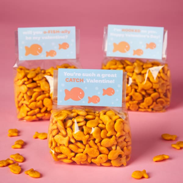 medium-size baggies filled with gold fish crackers topped with a light blue card decorated with fish reading, 'you're such a great catch, Valentine'