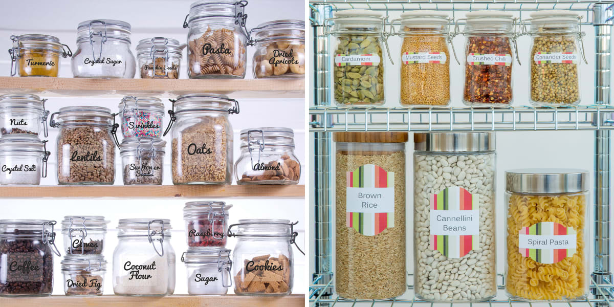 Wire and wooden shelves for pantry organization filled with dried goods in jars labeled with colorful Avery kitchen pantry labels.