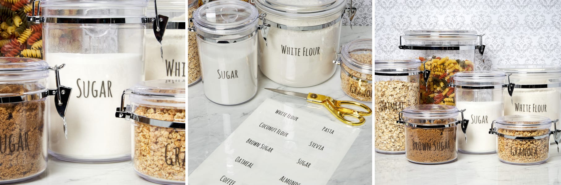 Neatly organized transparent canisters for baking ingredients