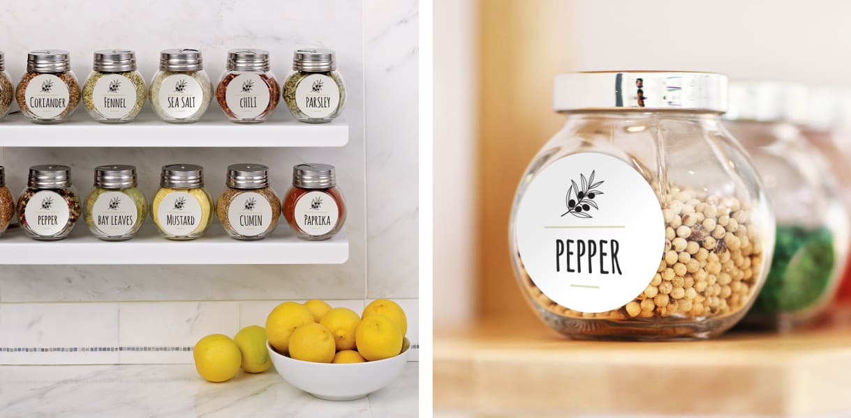 A clean white marble kitchen with yellow lemons and spices with cute labels next to a close up of a spice jar label. 