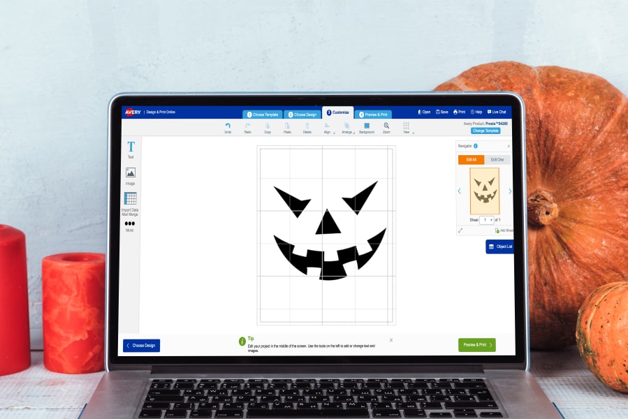 Full sheet removable labels template with Jack O’ Lantern design being created on Avery.com Design and Print tool