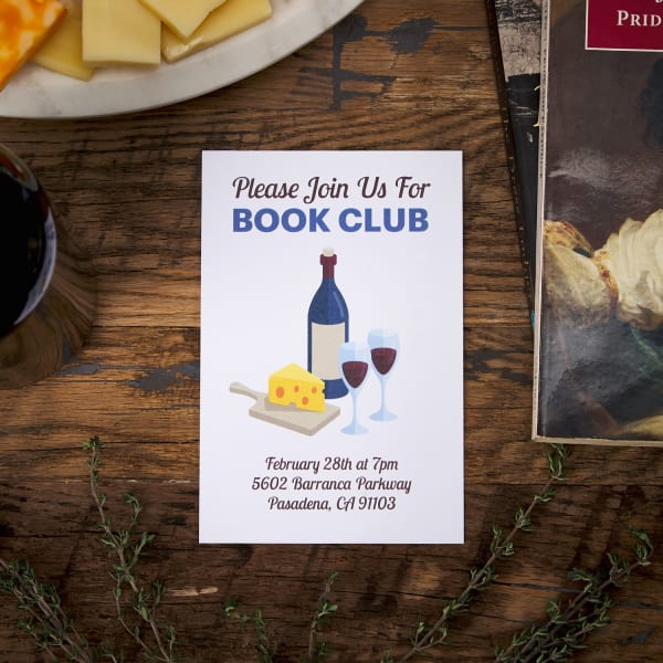 vertical book club meeting invite with wine and cheese theme