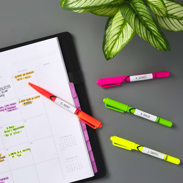 Neon highlighters color coded in binder with plant