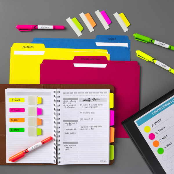 Bright neon colored organization with highlighters ultra tabs and file folders