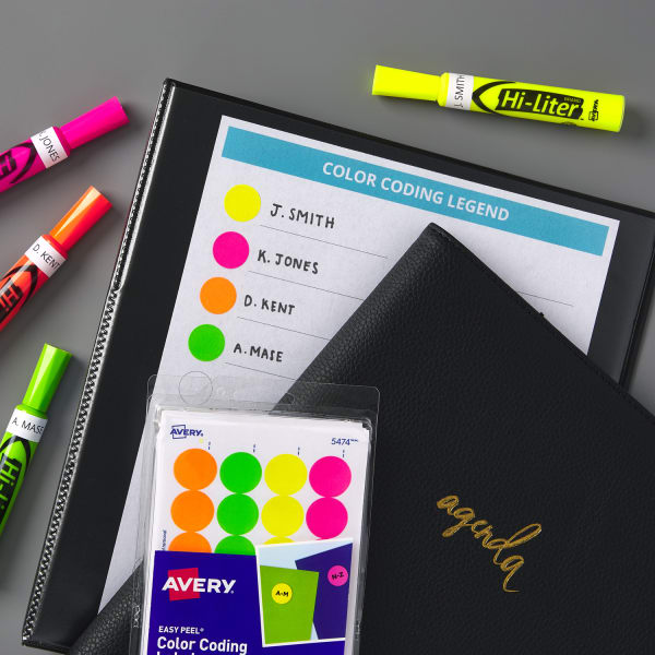 Color coding legend with dots and agenda notebook