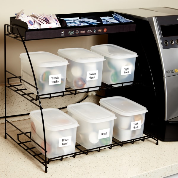 coffee pods in containers neatly organized with Avery labels in an office kitchen