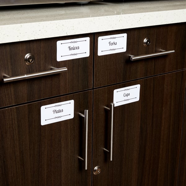 dark wood office kitchen cabinets organized with custom labels