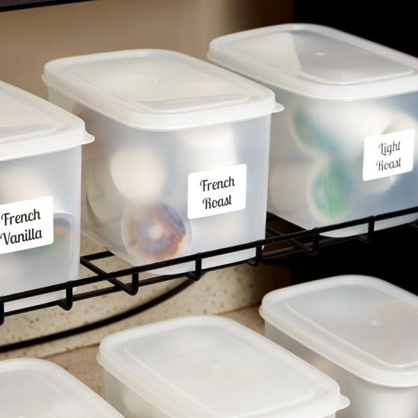 office coffee pod selections organized in semitransparent plastic containers with avery labels