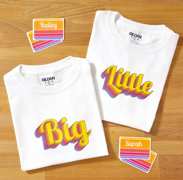 A sorority gift idea that includes a personalized  "big" and "little" tees with a colorful retro design. The tees are customized Avery 3271 fabric transfers.