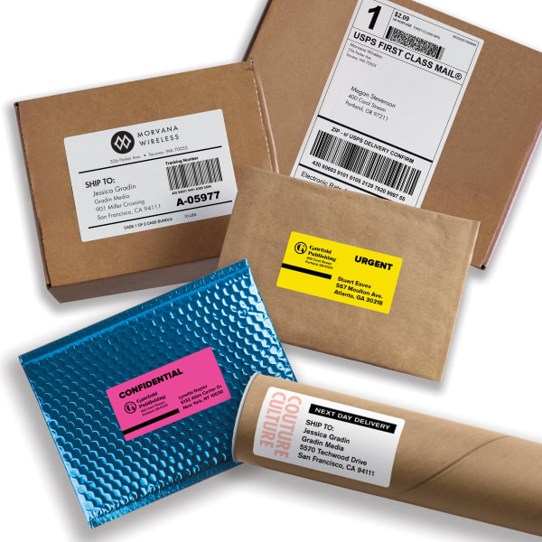 Shipping labels on different mailers cardboard poly bubble tube