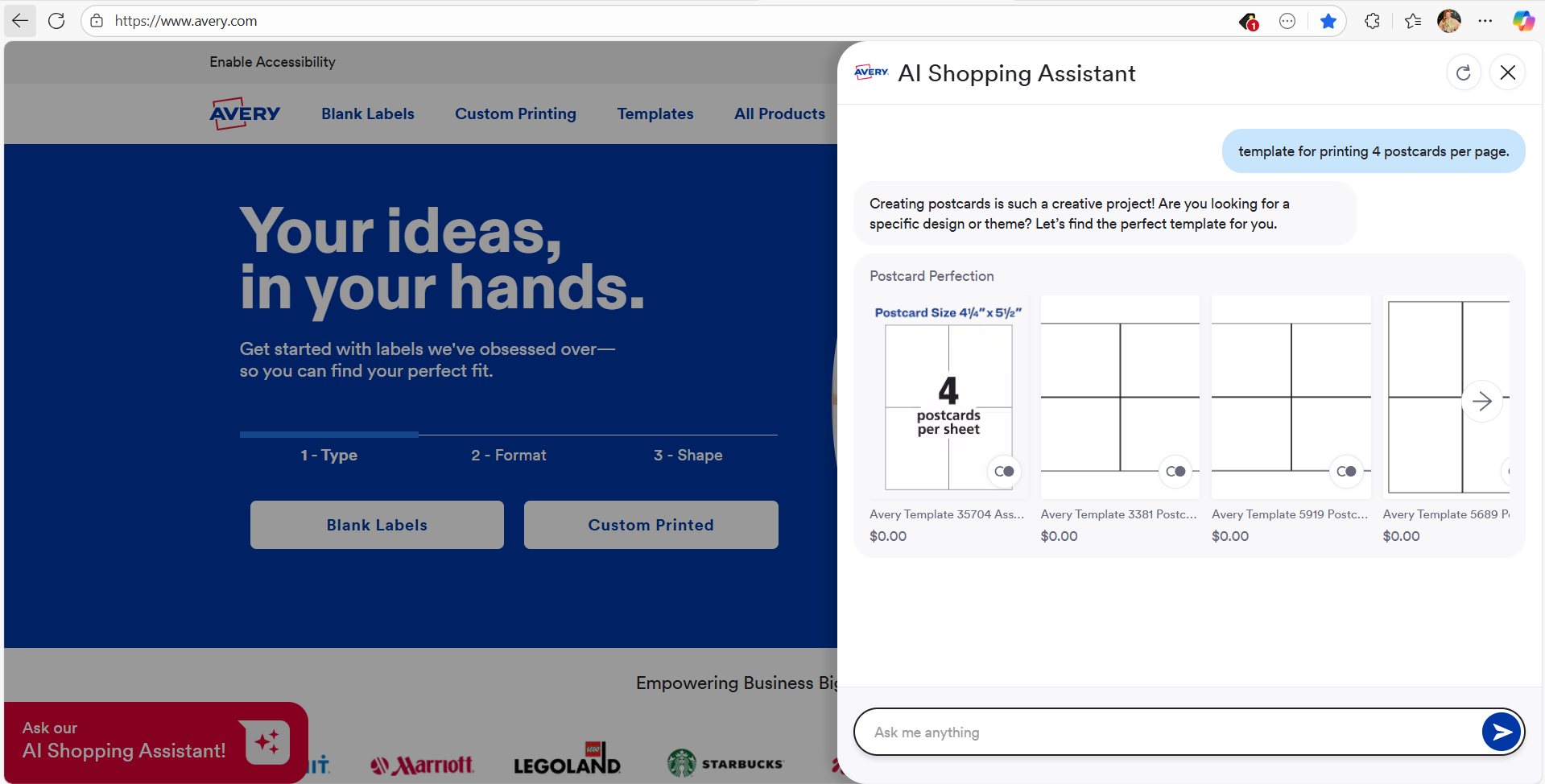 A screenshot of the Avery website with the AI Shopping Assistant is open, demonstrating the easiest way to find a template for printing 4 postcards per page.