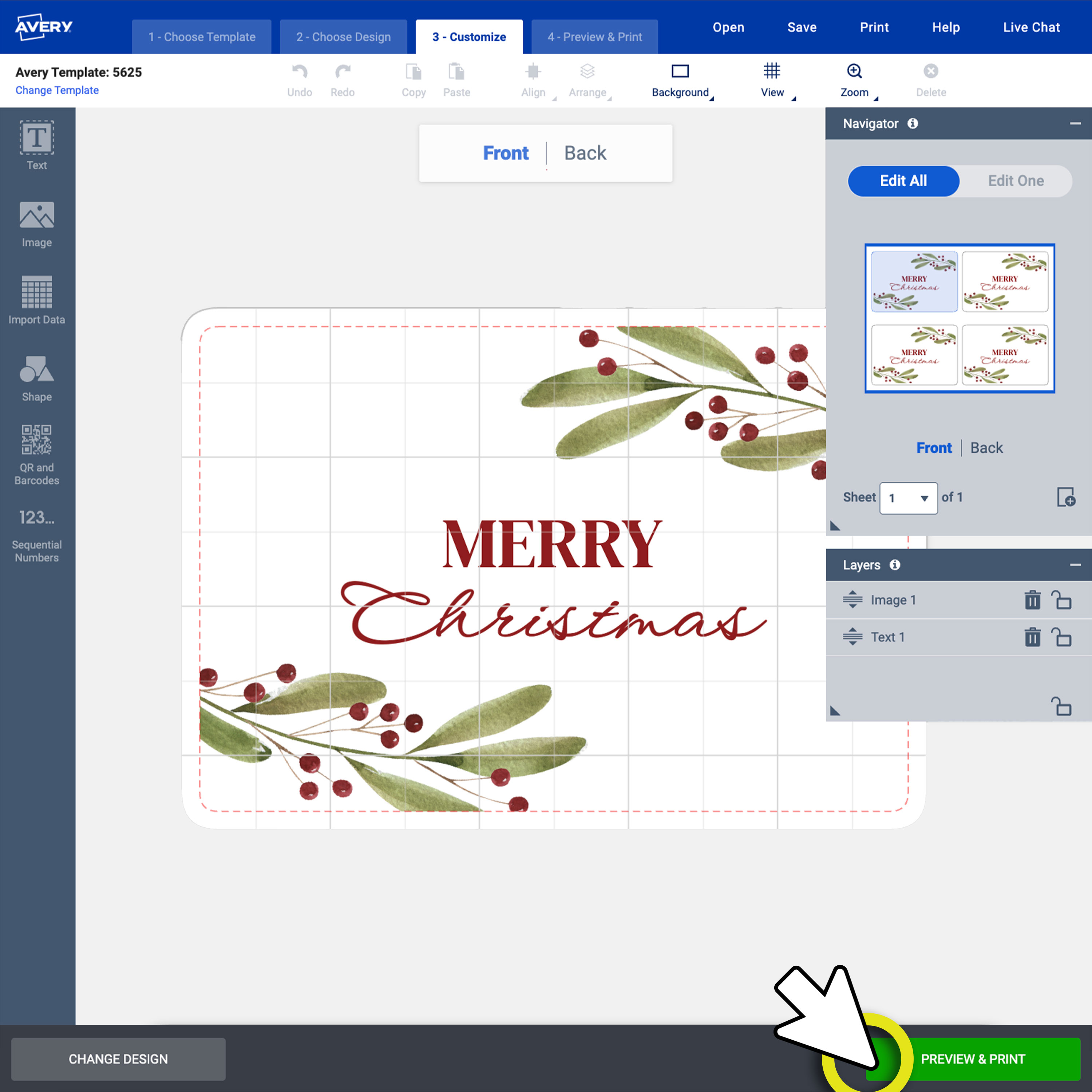 A screenshot of Avery Design & Print Online showing a ‘Merry Christmas’ card design with a highlighted green Preview & Print button.