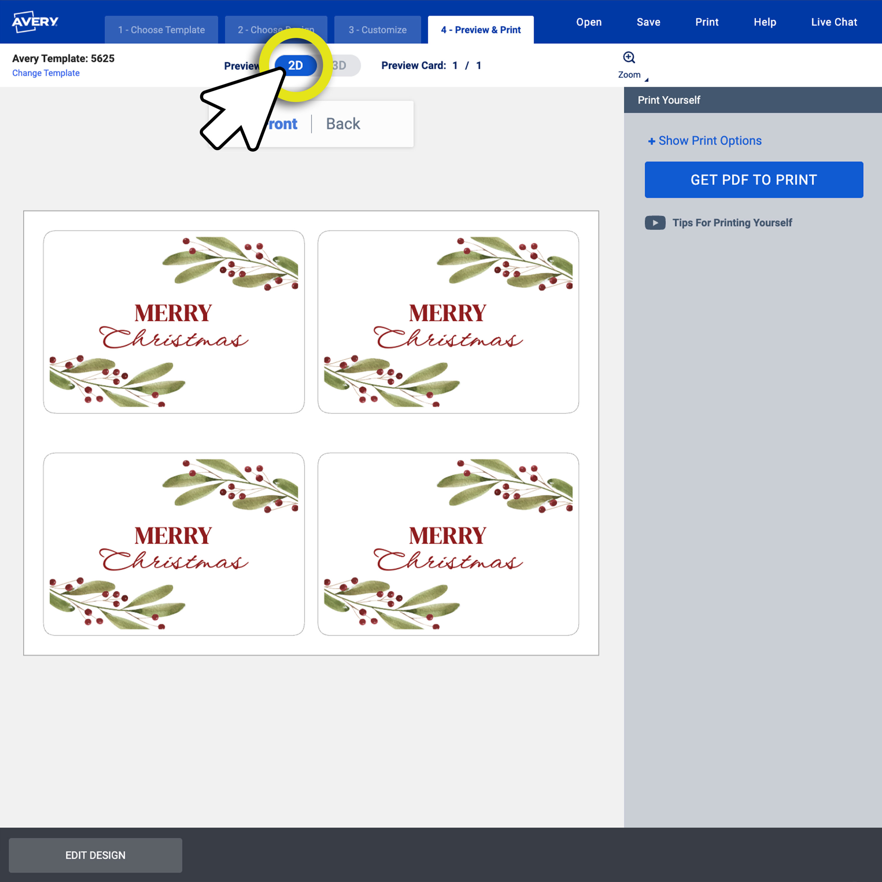A screenshot of Avery Design & Print Online showing a four-up postcard preview with the rotate tool highlighted for reviewing all card panels.