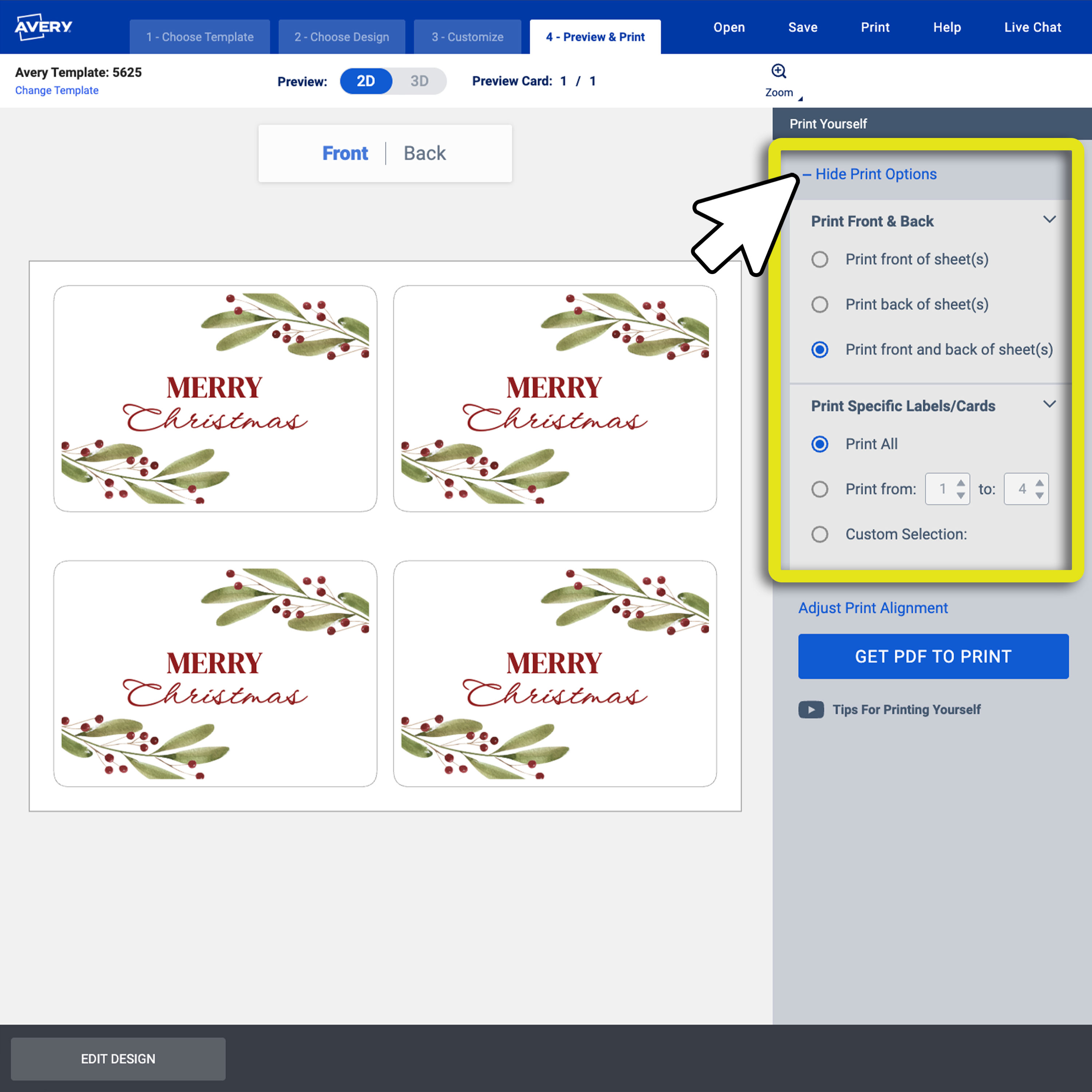 A screenshot of Avery Design & Print Online with the print options panel expanded, showing settings for printing the front, back, or both sides of the card sheet.