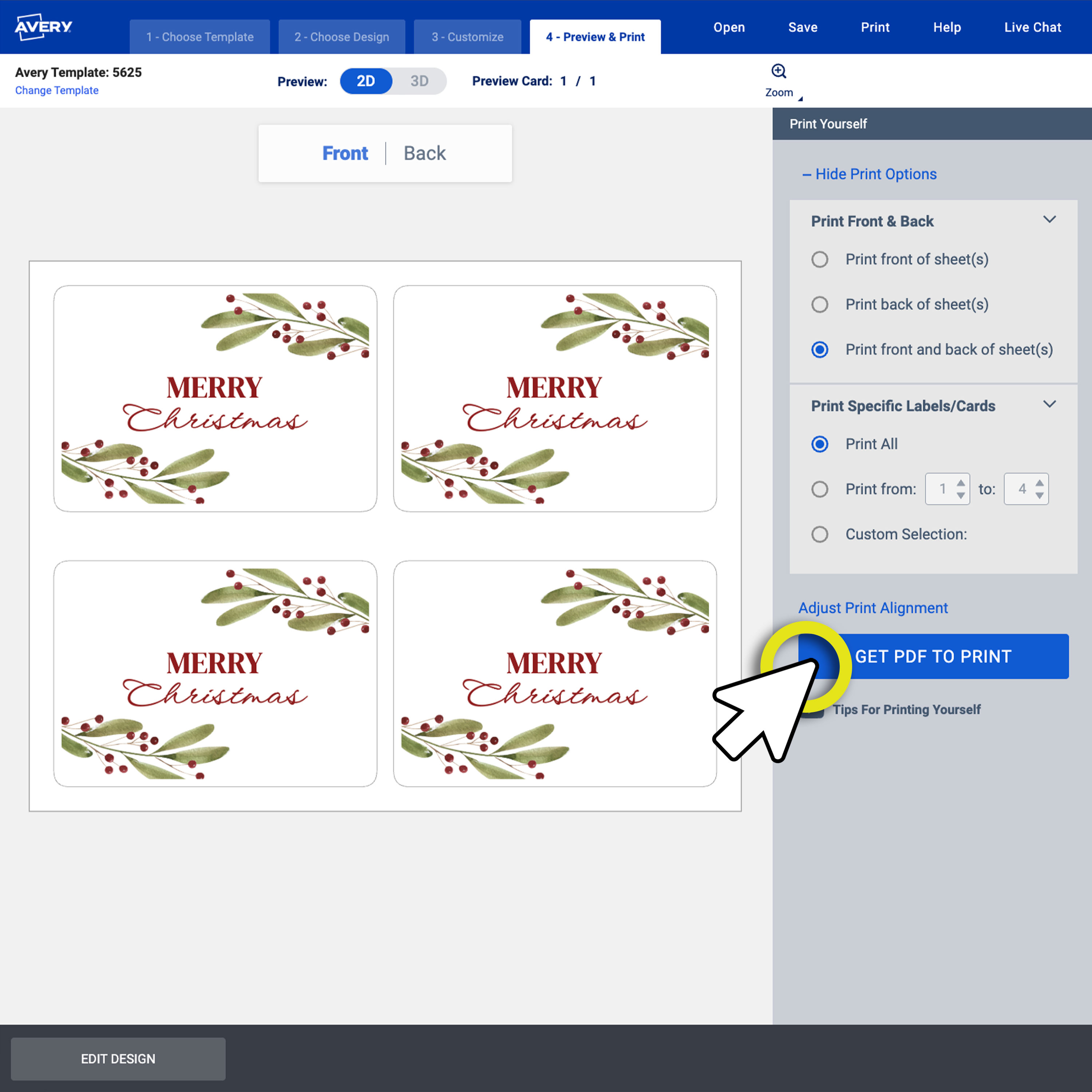A screenshot of Avery Design & Print Online with the blue ‘Get PDF to Print’ button highlighted for exporting the card design.