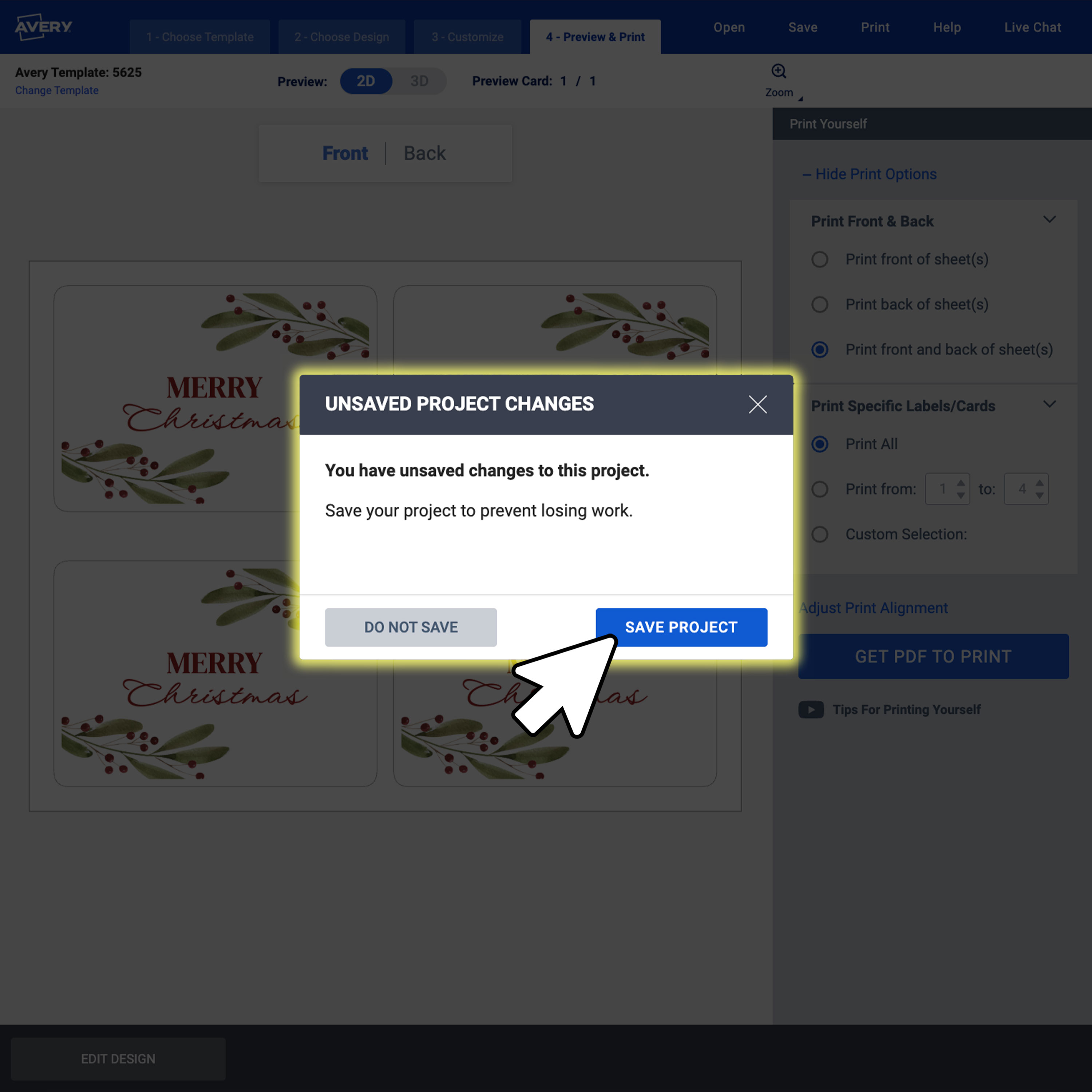 A screenshot of Avery Design & Print Online showing a pop-up message prompting the user to save their project, with the ‘Save Project’ button highlighted.