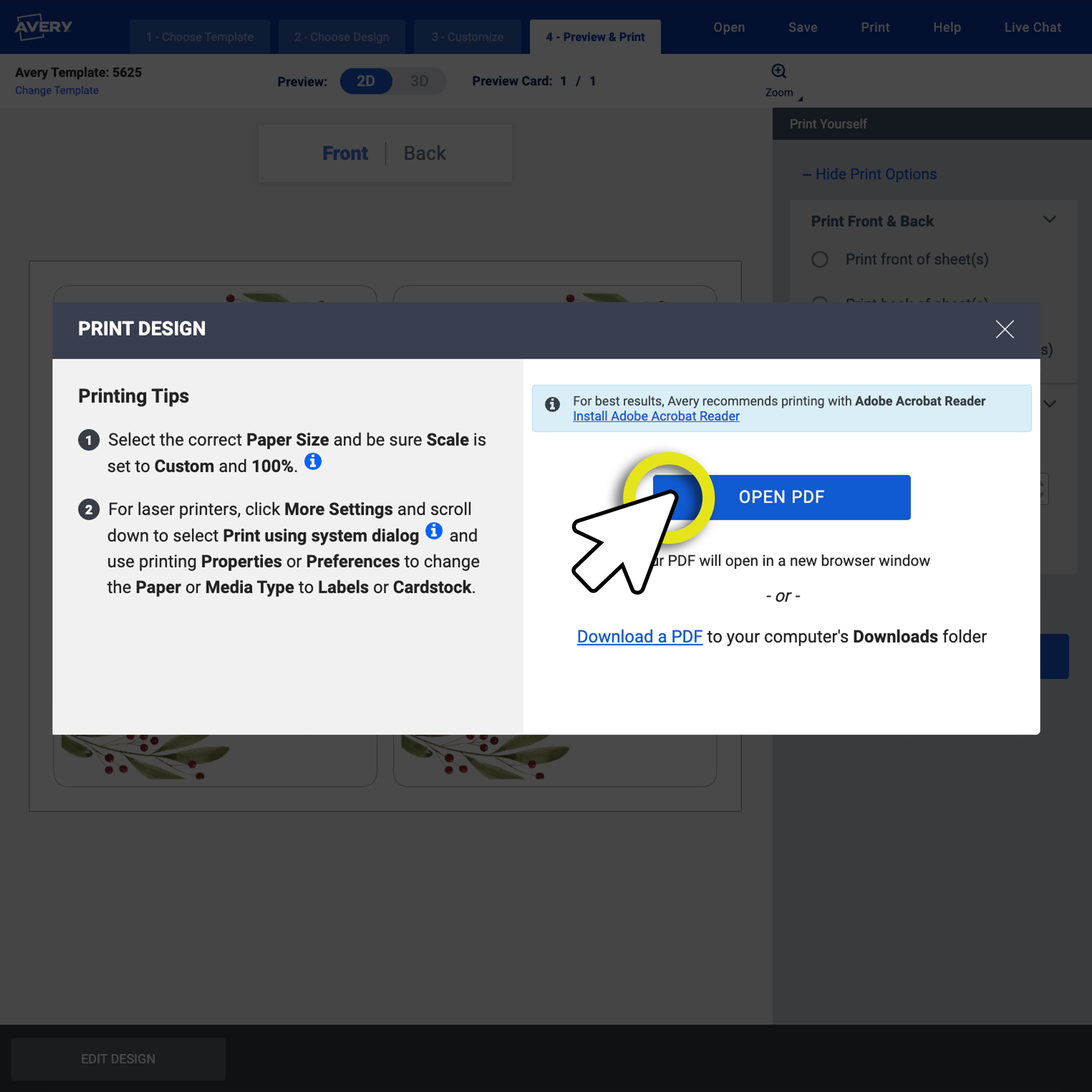 A screenshot of Avery Design & Print Online displaying the print design pop-up with printing tips and the highlighted ‘Open PDF’ button for downloading the project.