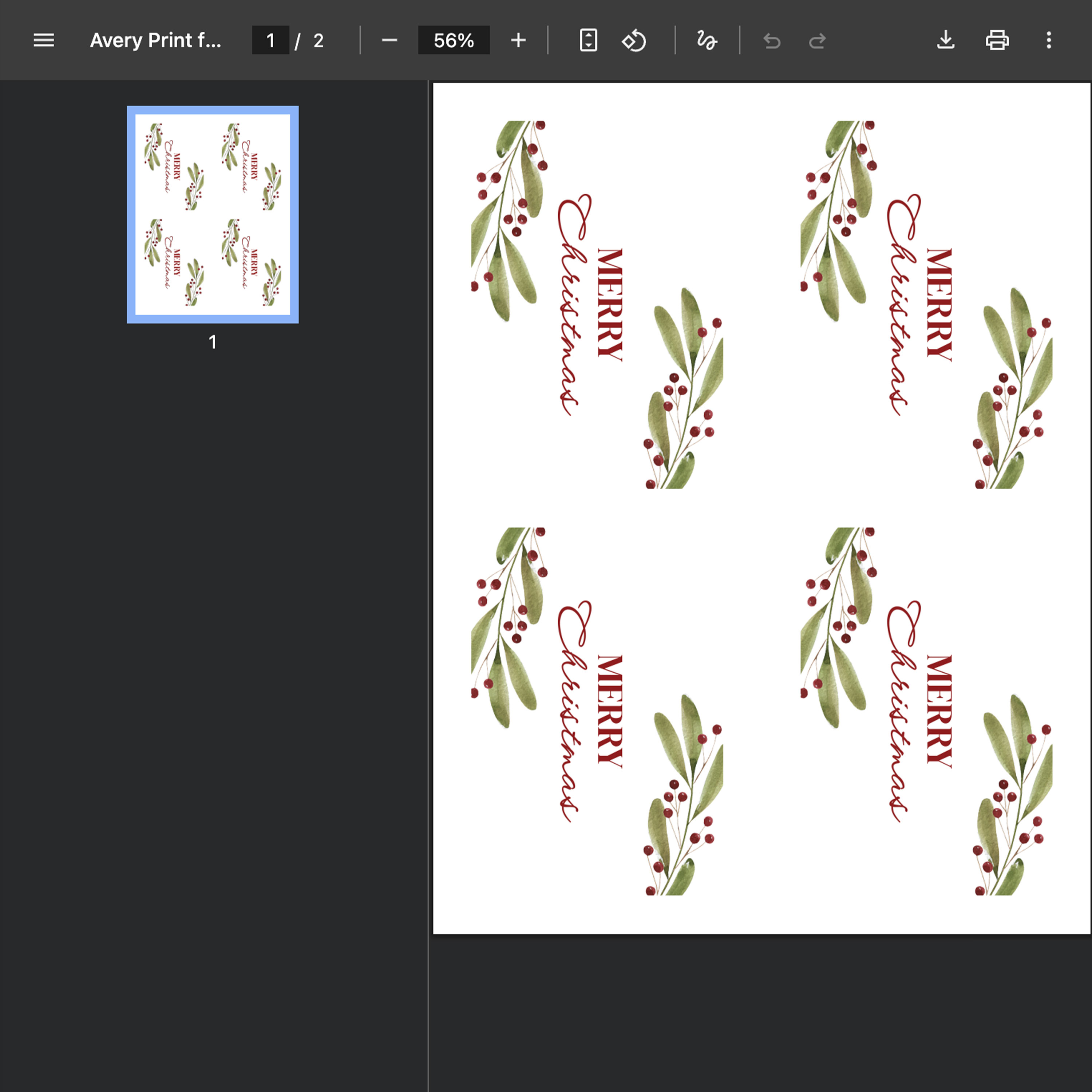 A PDF preview showing a full sheet of printed card designs, with multiple ‘Merry Christmas’ cards displayed on one page.