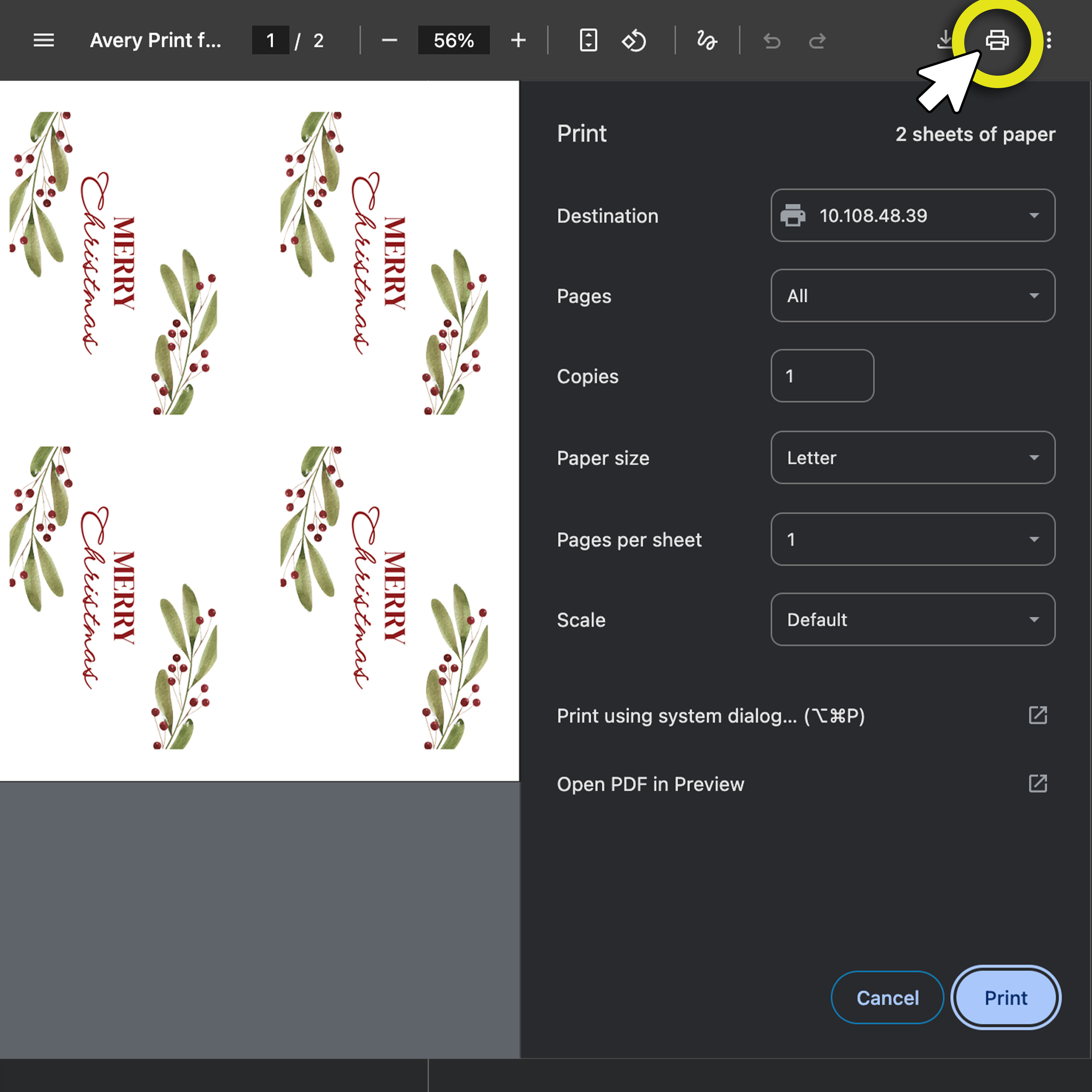 “A PDF print dialog showing the card sheet layout on the left and printer settings on the right, with the print button highlighted.