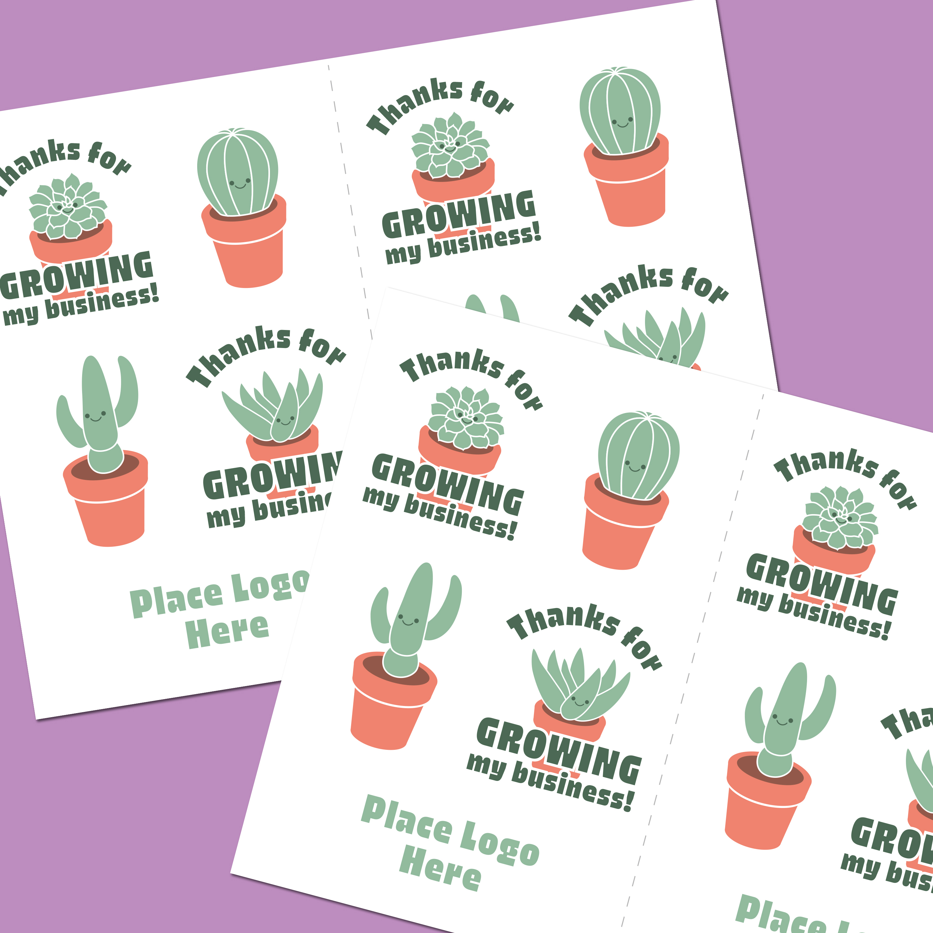 A sheet of printable DIY stickers featuring cute potted succulents and cacti with the phrase "Thanks for growing my business!" and space to add a logo. Perfect for those looking for sticker design ideas that add a charming touch to small business packaging.
