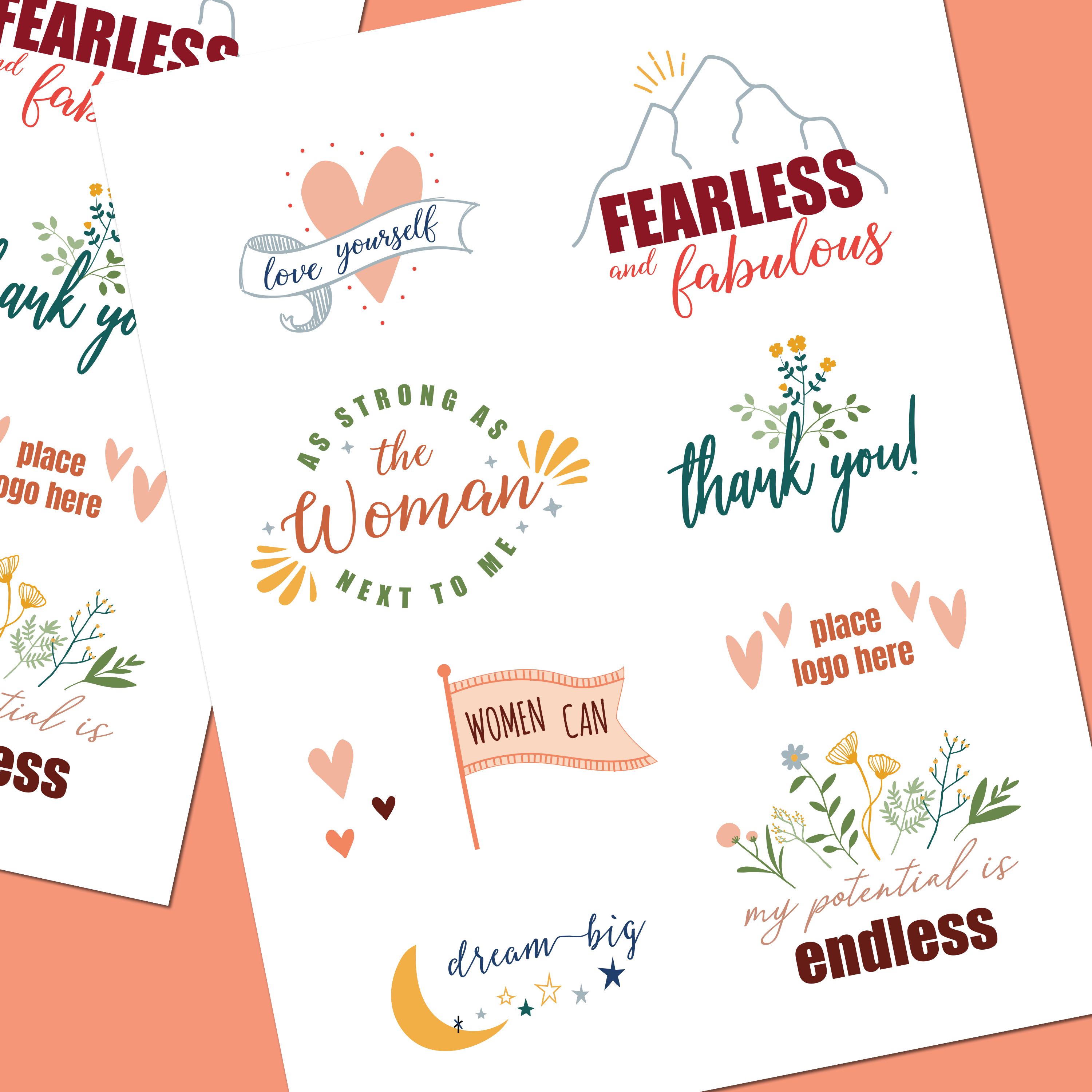 A collection of printable DIY stickers with empowering messages like "Fearless and fabulous," "Love yourself," and "My potential is endless," alongside floral and heart illustrations. Ideal for creating aesthetic sticker templates for limited-edition giveaways or seasonal unboxing themes.