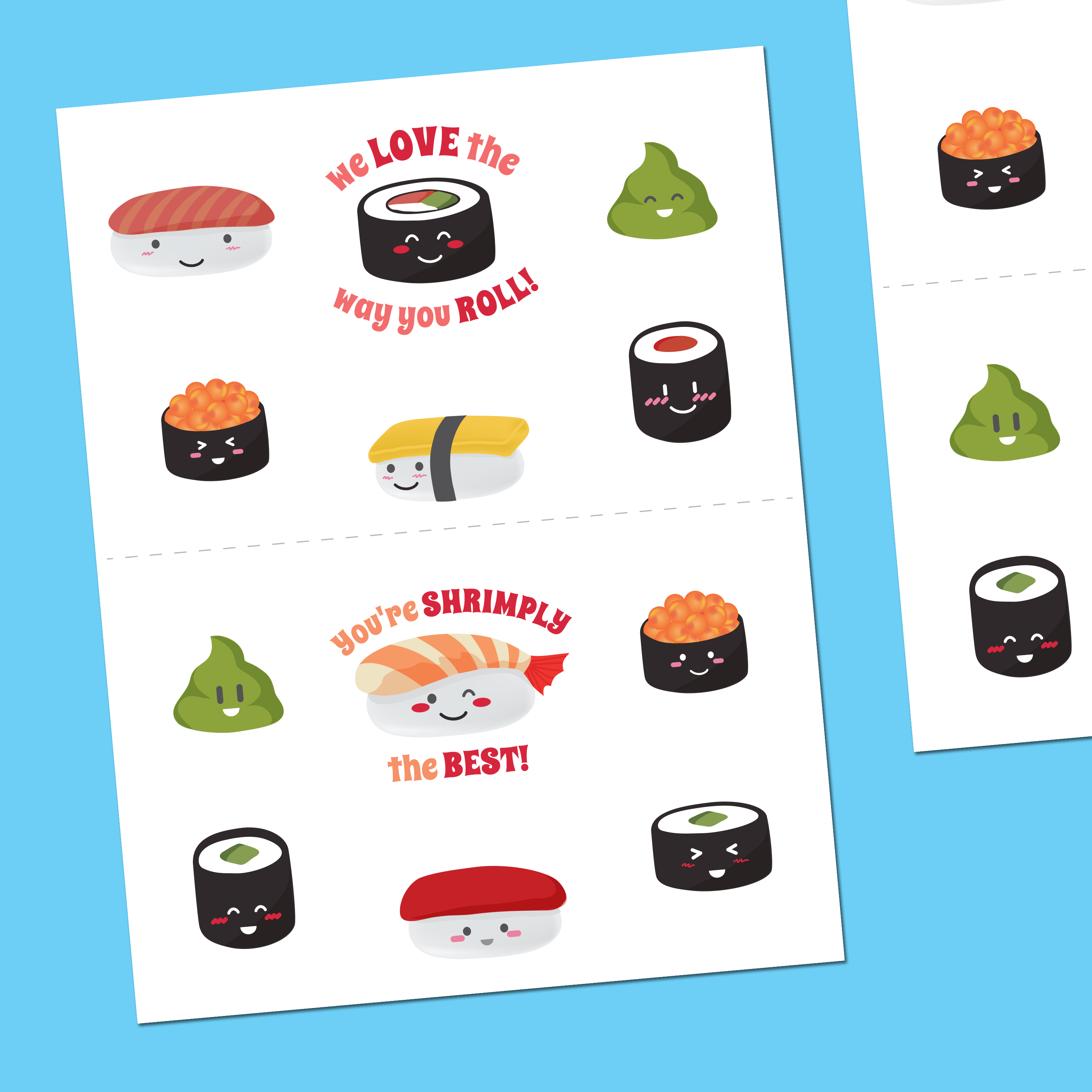 Printable DIY stickers with playful sushi characters, smiling wasabi, and punny messages like "We love the way you roll!" and "You're shrimply the best!" These cute DIY stickers are perfect for adding a fun twist to packaging or trying new sticker design DIY projects.