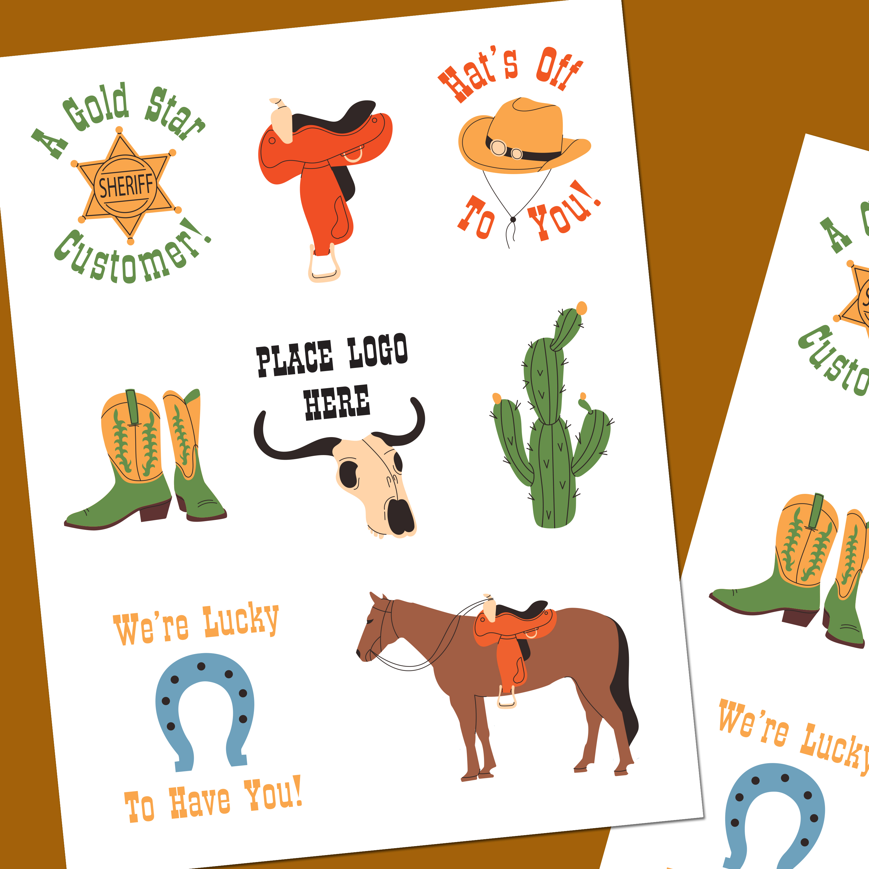 A western-themed sheet of printable DIY stickers featuring cowboy boots, a sheriff's badge, a cactus, a horse, and phrases like "A gold star customer!" and "We're lucky to have you!" Great for anyone looking for sticker design ideas that complement rustic or western-themed
