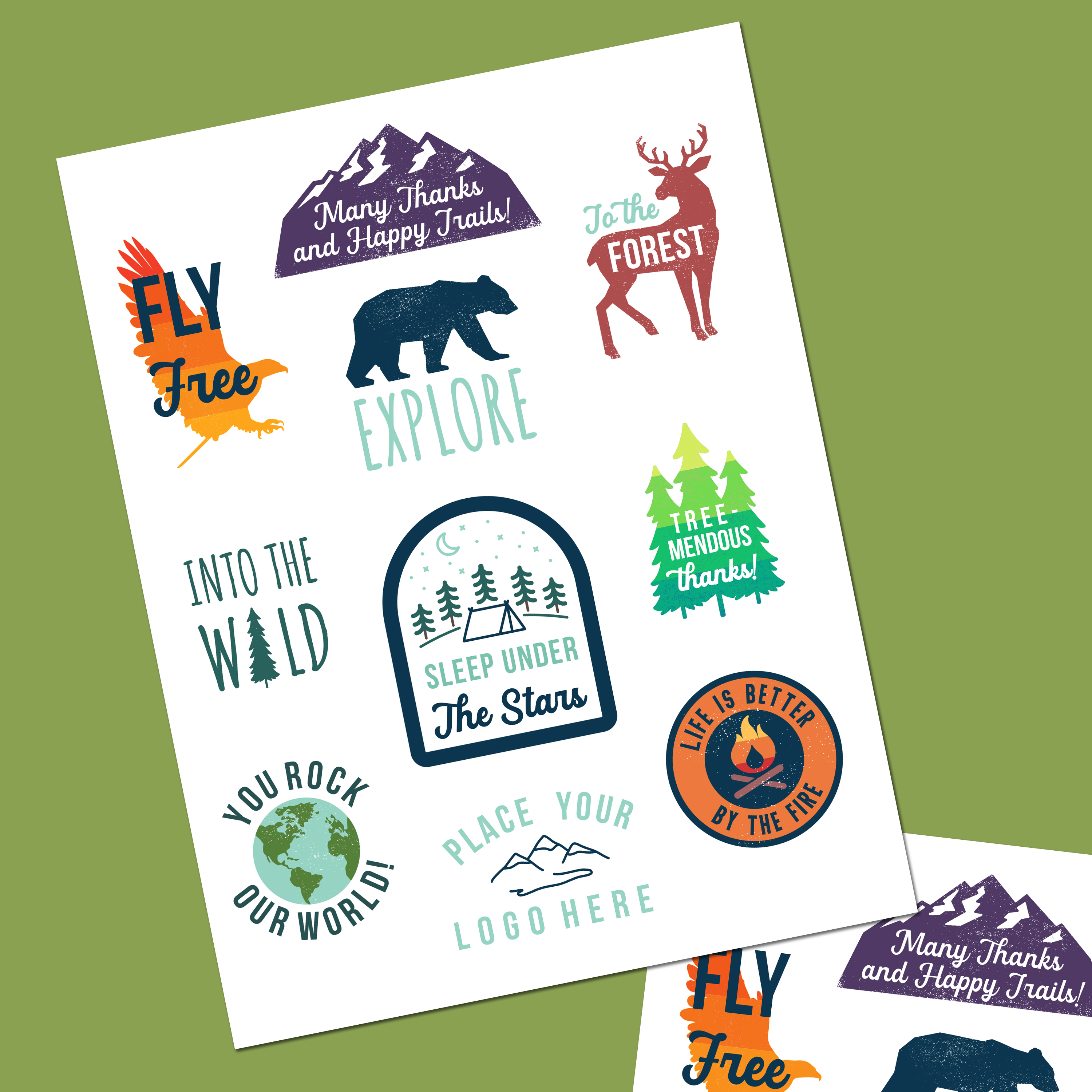 Printable DIY stickers with nature-inspired designs, including a bear, deer, trees, and outdoor-themed quotes like "Sleep under the stars" and "Many thanks and happy trails!" These aesthetic sticker templates are ideal for eco-friendly businesses or brands with an adventurous spirit.