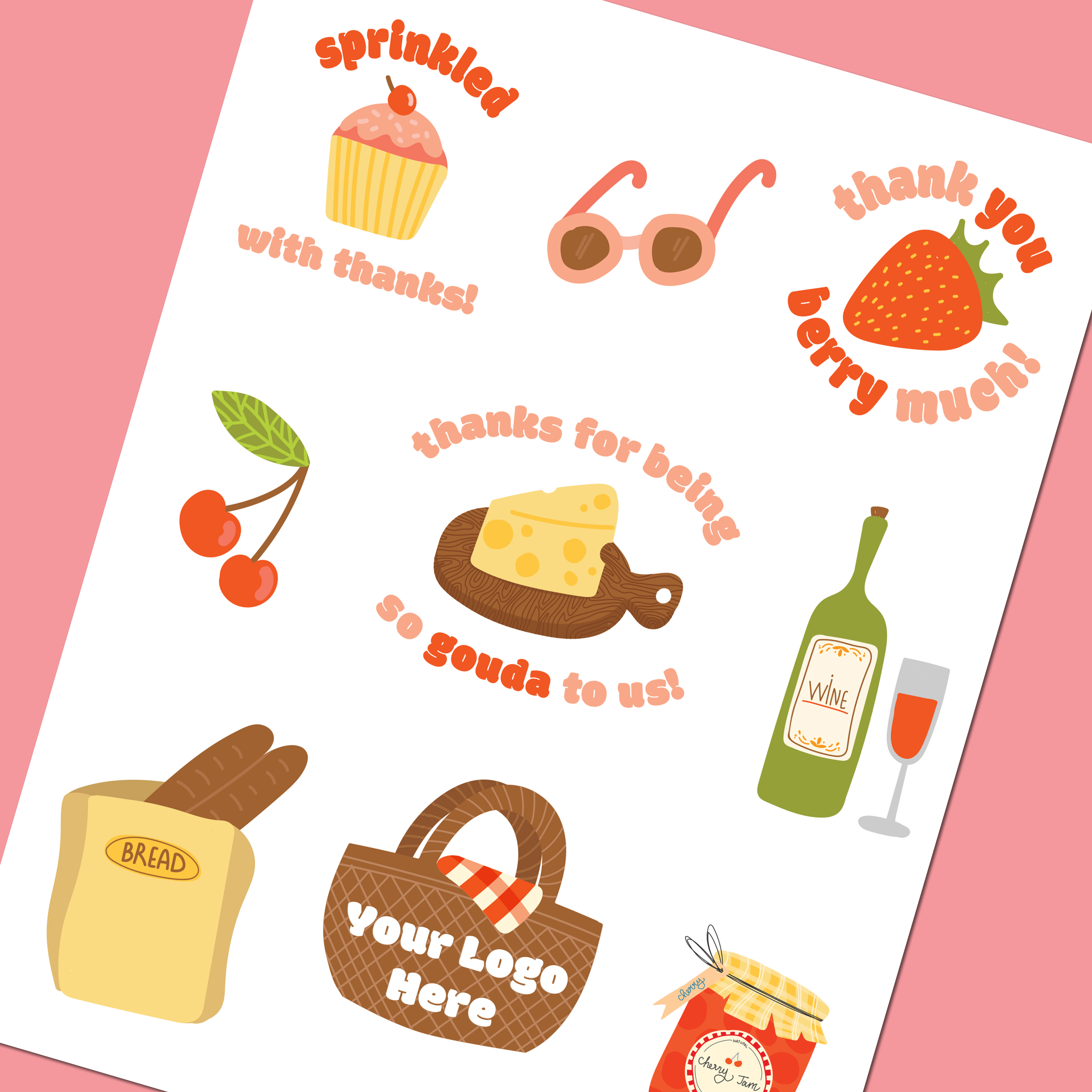 A picnic-themed collection of cute DIY stickers featuring a cupcake, cheese board, wine bottle, cherries, and fun messages like "Thanks for being so gouda to us!" and "Thank you berry much!" Perfect for creative sticker design DIY projects that add a playful touch to gifts and packaging.