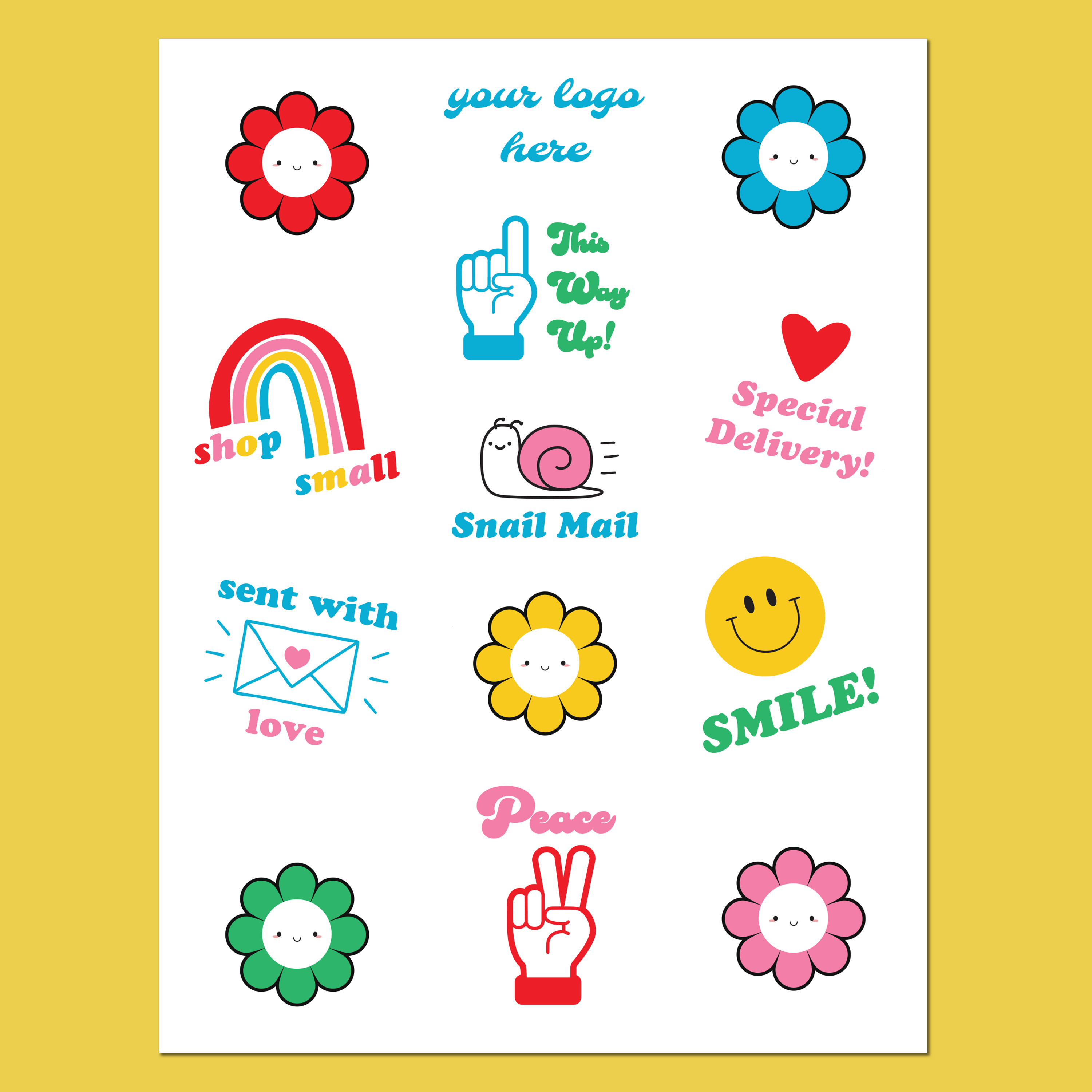 A bright and cheerful set of cute DIY stickers with rainbows, smiley faces, flowers, and positive messages such as "Shop small," "Special delivery," and "Sent with love." Ideal for businesses looking for aesthetic sticker templates that spread joy and positivity.