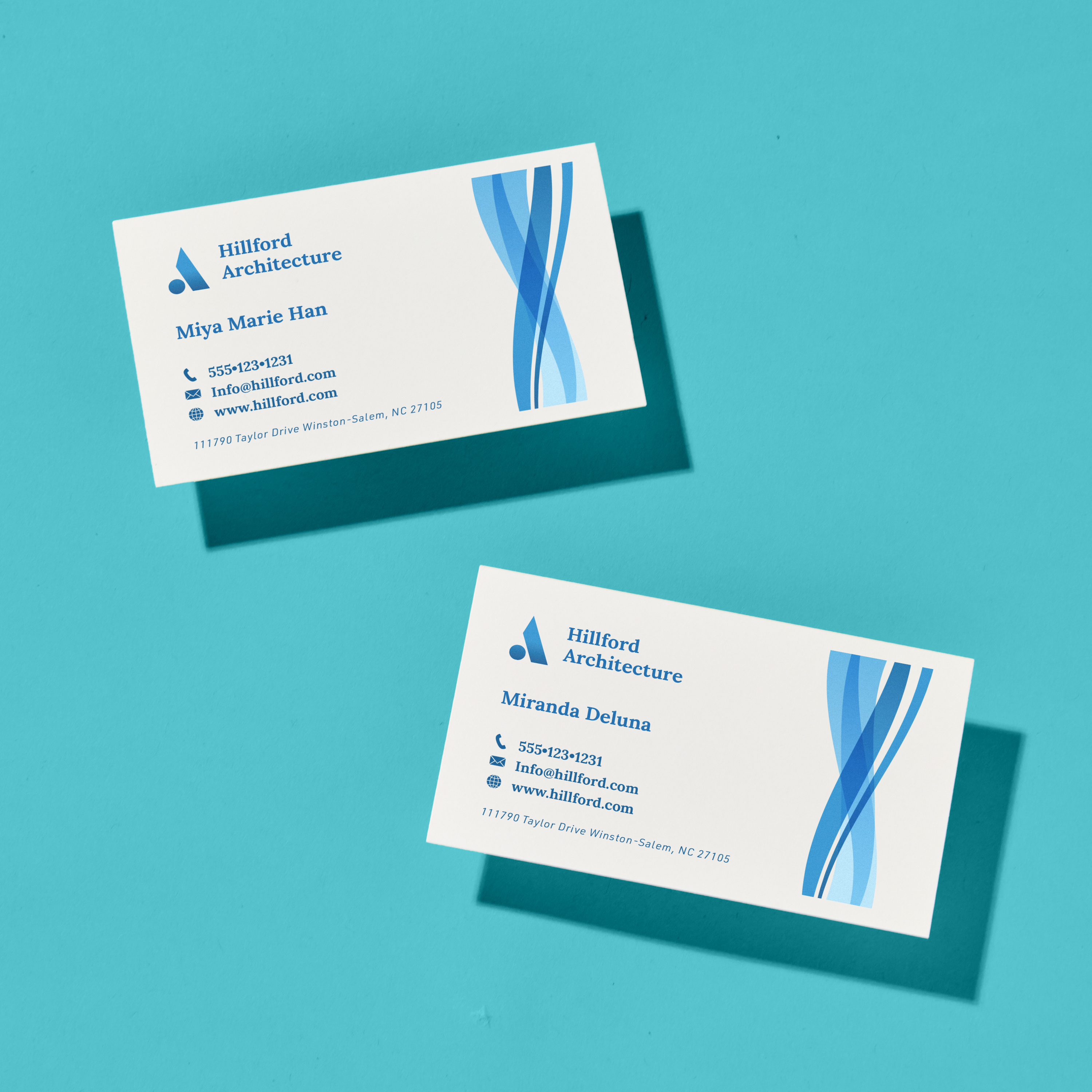Two custom business cards for boutique services displayed on a bright blue background—an example of polished small business marketing tools for client networking.