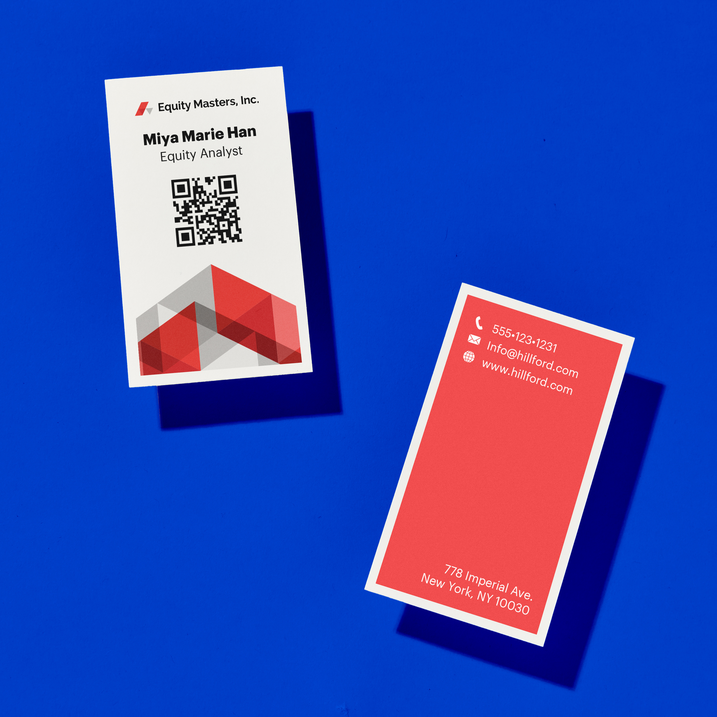 Two vertical business cards on a bold blue background, one featuring a QR code and one with contact info and social handles for a panelist or speaker.