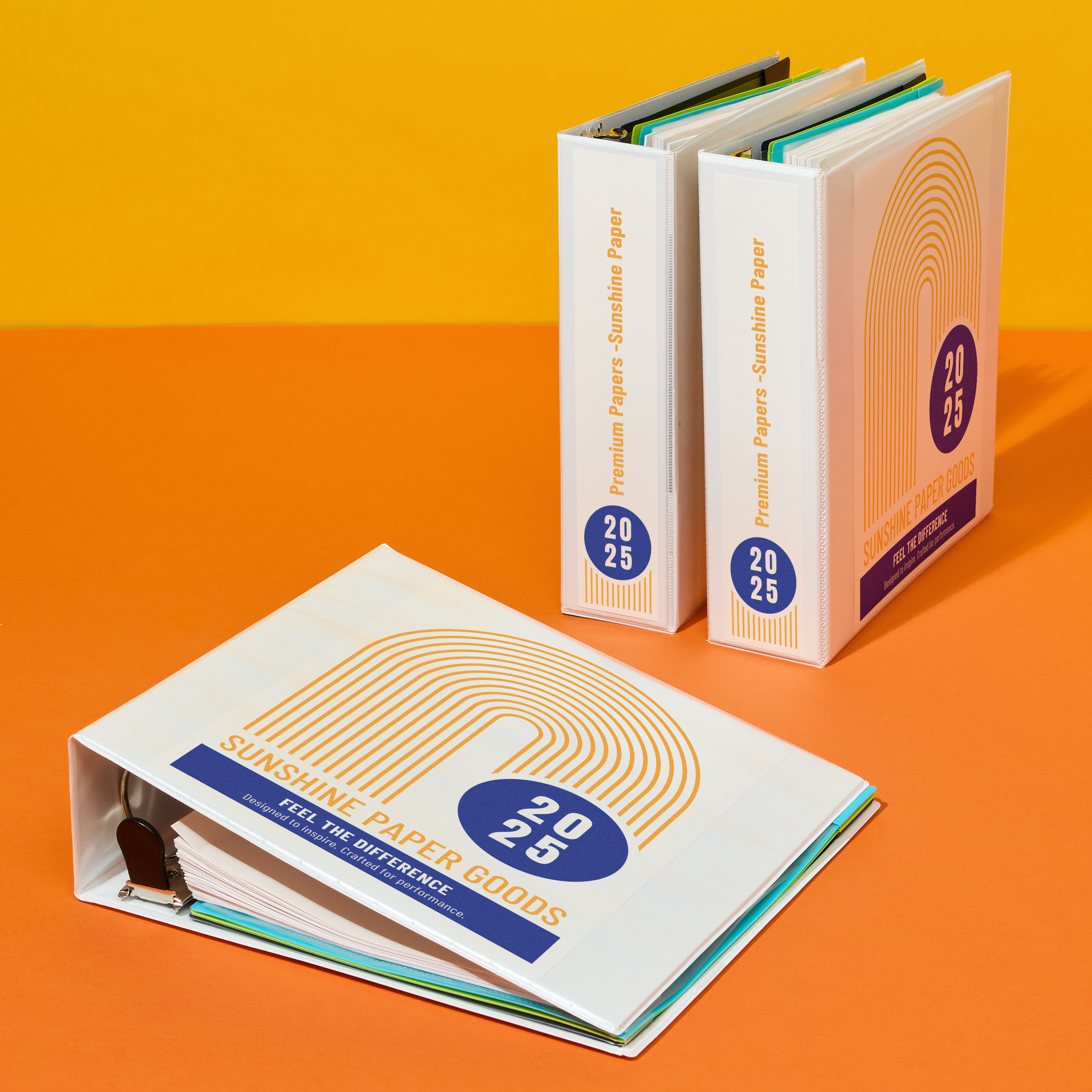 Three white binders with custom covers and spine inserts labeled “Product Packaging Guide Book,” shown as small business marketing tools for presenting product samples.