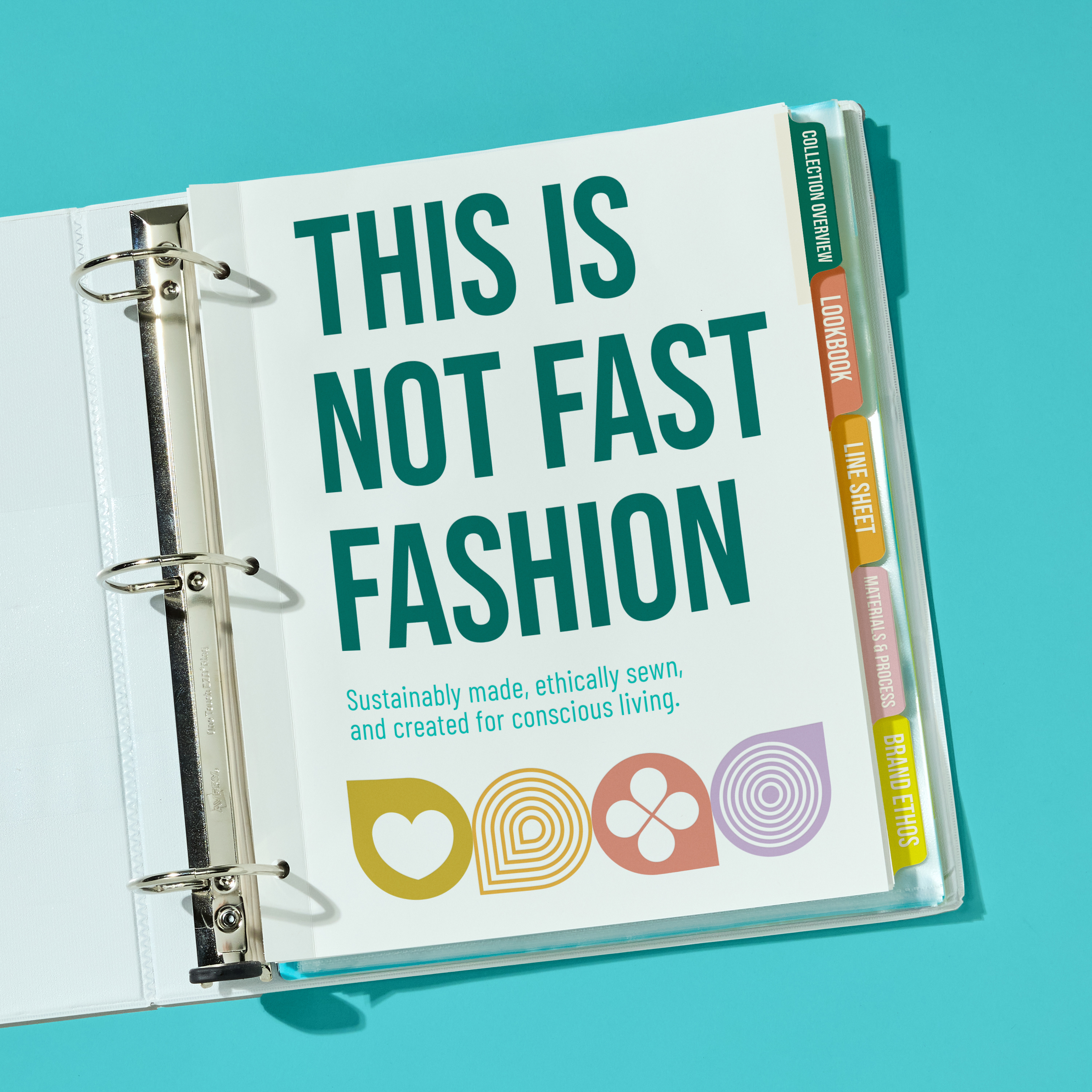 Open binder with a cover page reading “This Is Not Fast Fashion” and color-coded tab dividers, presented on a teal background for a product collection overview.